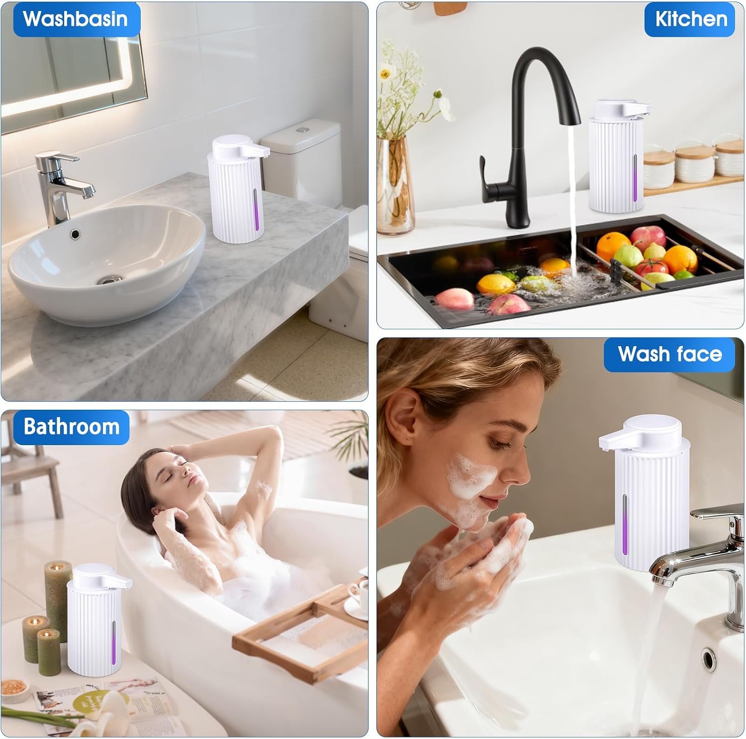 2 Pack 13.5 oz Automatic Foaming Soap Dispenser – Ribbed Designfoaming soap Dispenser for Bathroom& Kitchen Countertop, Rechargeable Touchless with Electric Induction Pump (White)