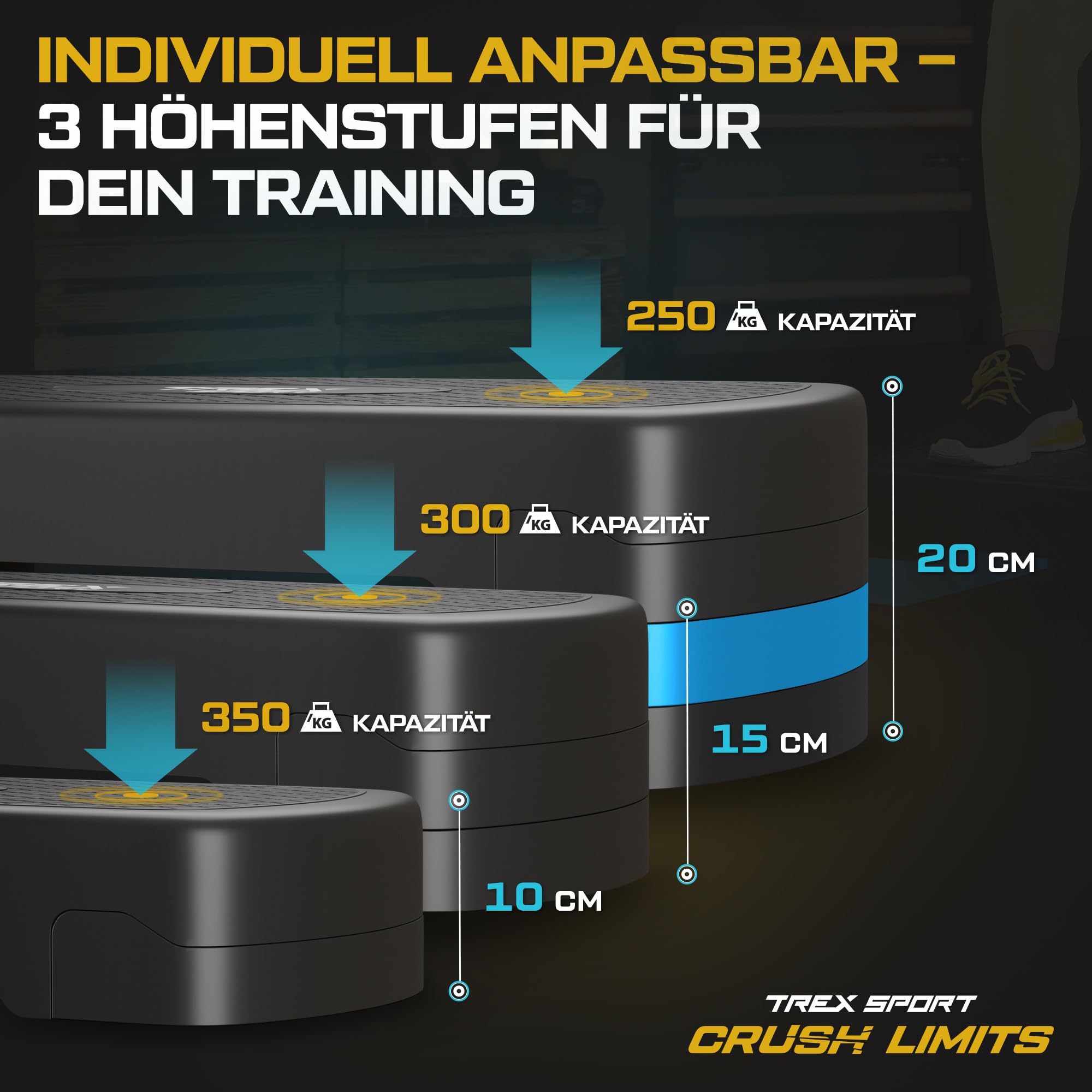 TREX SPORT Steppbrett für zuhause 3x höhenverstellbar 68×28×10/15/20cm | Aerobic Stepper 3 Stufen, rutschfest, bis 350kg belastbar, Stepboard, Blau / Gelb