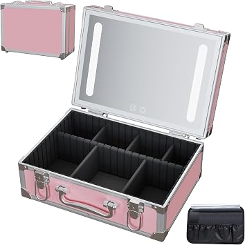 Cybergiant Travel Makeup Case with LED Mirror - Hard Shell Pink Travel Makeup Bag with Mirror - Portable Makeup Organizer with Mirror, Vanity Case for Cosmetics, Adjustable Divider