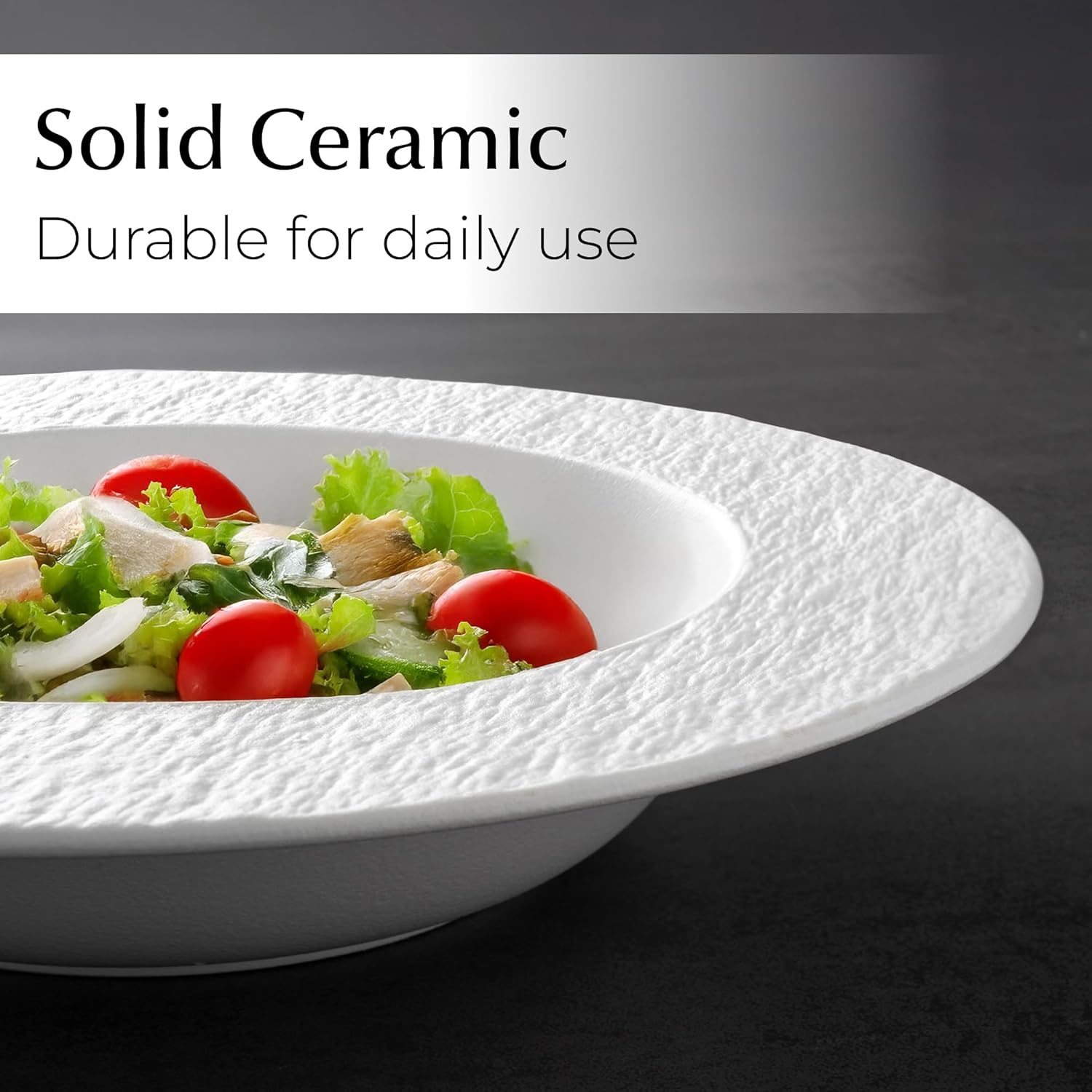 MIAMIO – 26 cm, set of 4 pasta plates, large deep soup plates, modern ceramic tableware in black/white, microwave and dishwasher safe – Oasis Collection (White)
