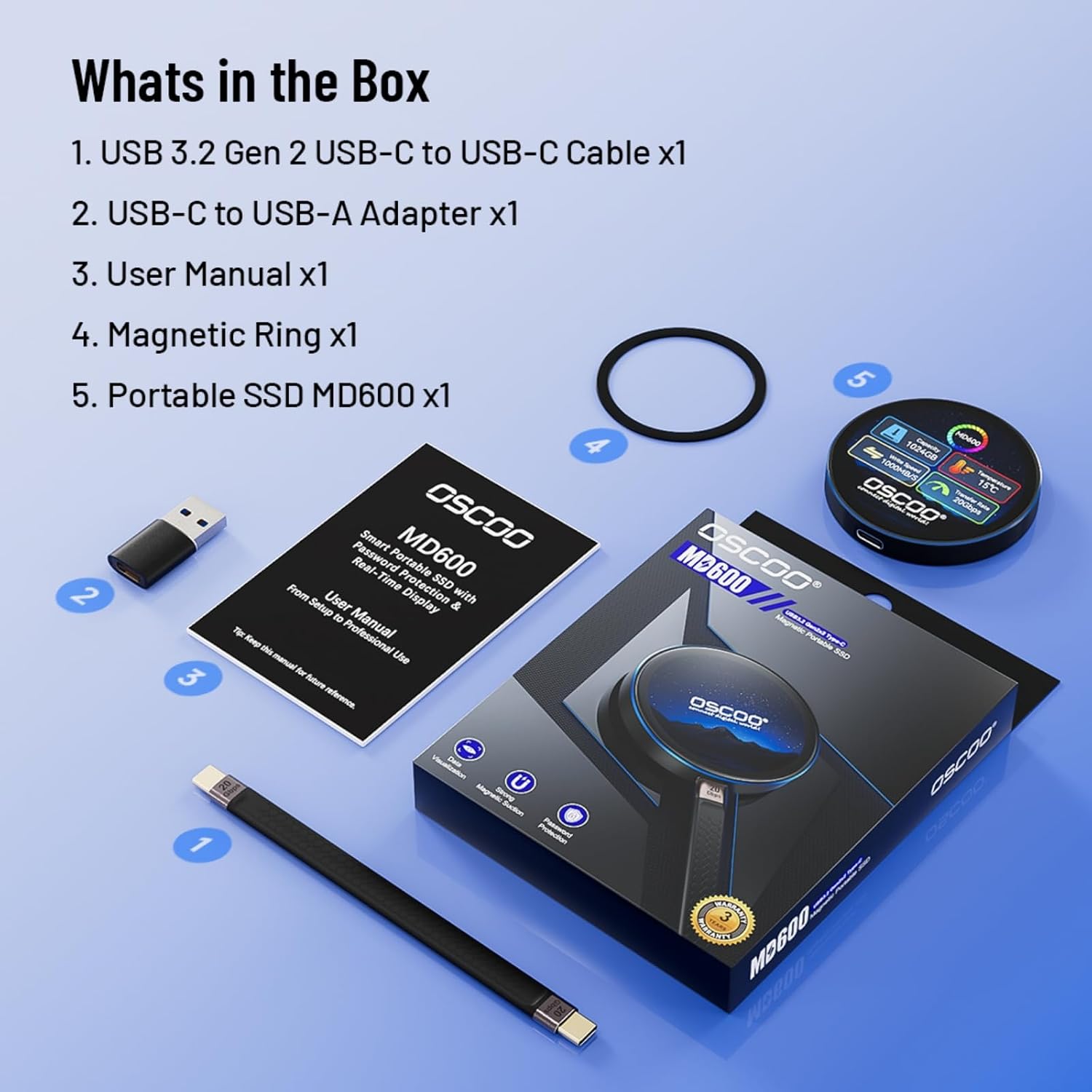 1TB Touchscreen Encrypted External SSD Hard Drive, Up to 2000MB/s