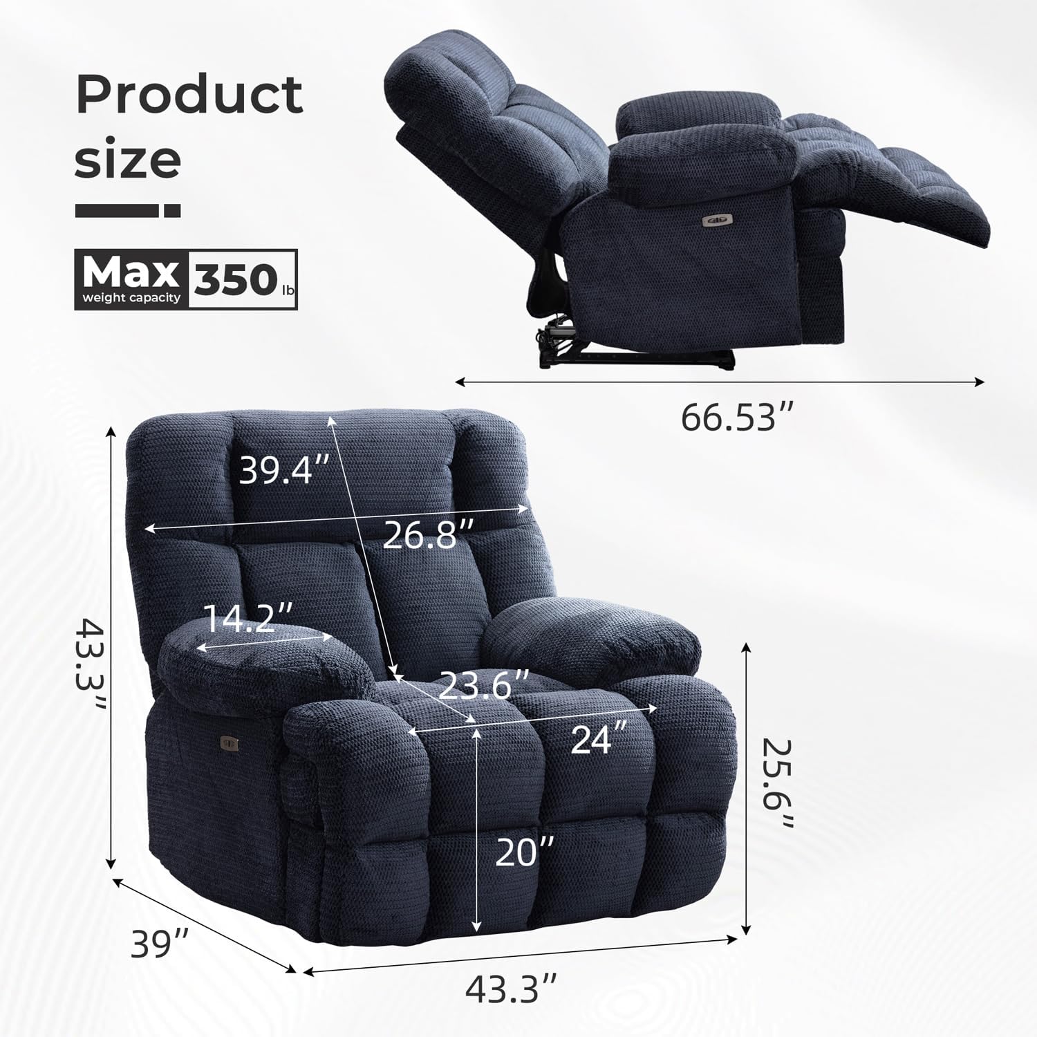 Oversized Power Zero Gravity Recliner Chairs for Adults, Electric Reclining 0 Gravity Chair for Big Man,Soft Fabric Overstuffed Single Recliners with USB Charger Port for Living Room, Blue