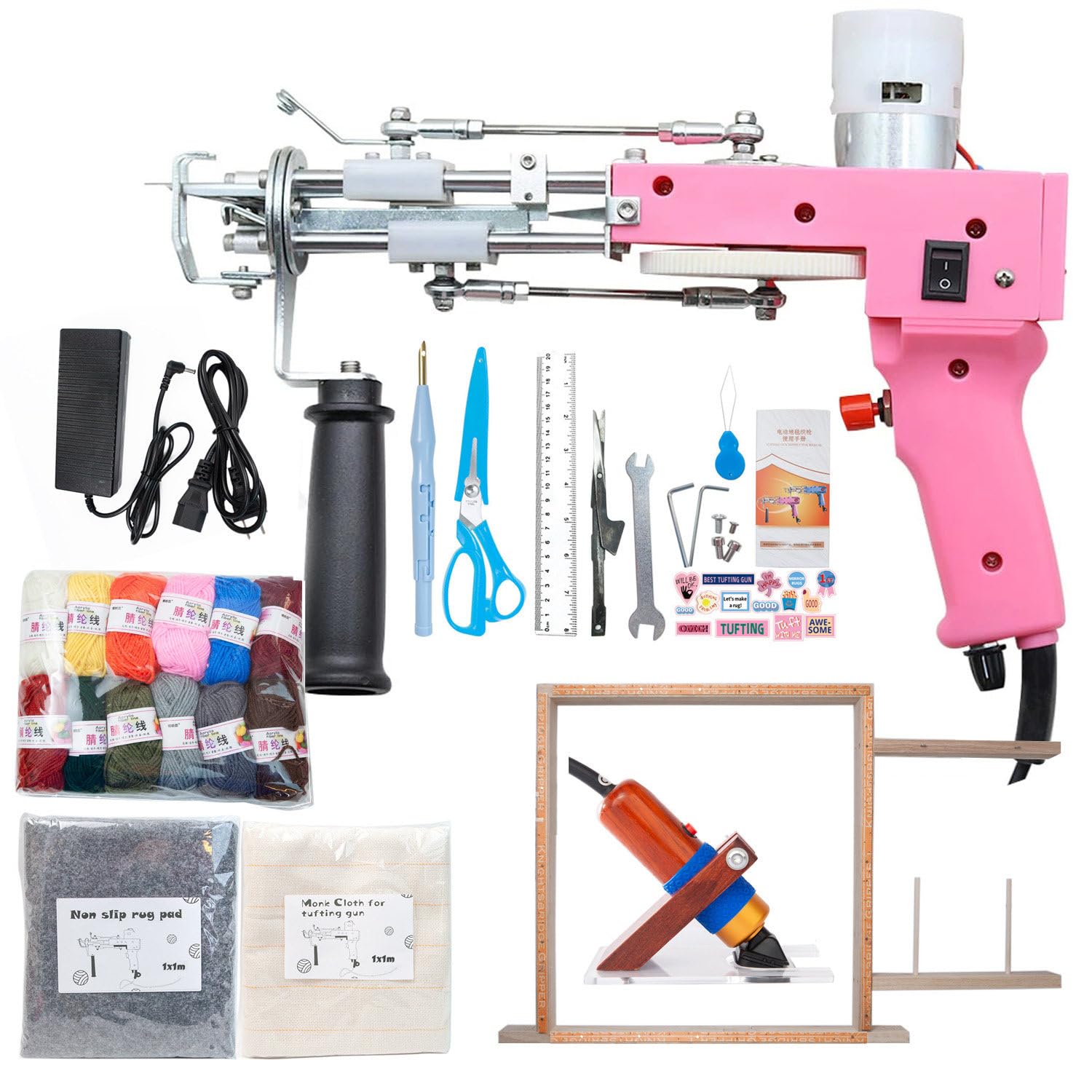 Zestaw Startowy Pistolet Tufting, Pistolet + Trymer Dywanów + 12 Włókien + Tkanina Tufting + Stojak, 2-w-1 Cięcie & Pętelka, 5-40 Ściegów/Sec, Zestaw Dywanów dla Początkujących