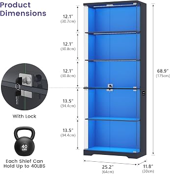 FREDEES RGB Display Cabinet with Glass Doors, 175CM, Grey