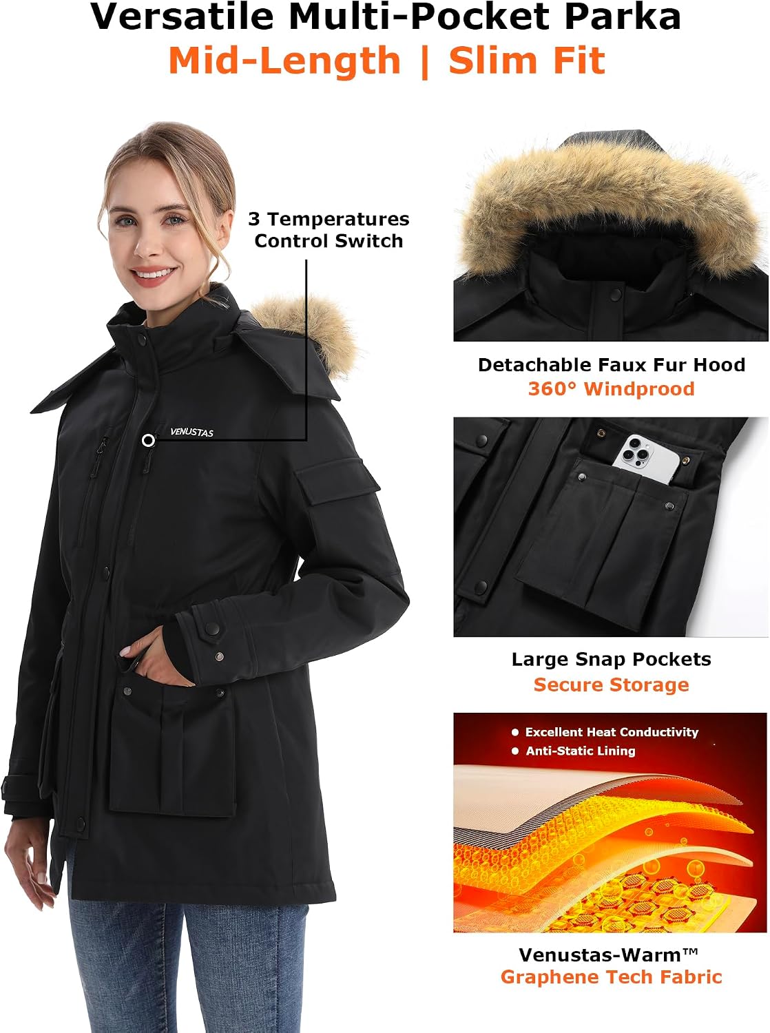 Venustas Women's Heated Parka Jacket (Black, S) & Extra Heated Hand Muff Bundle image 3