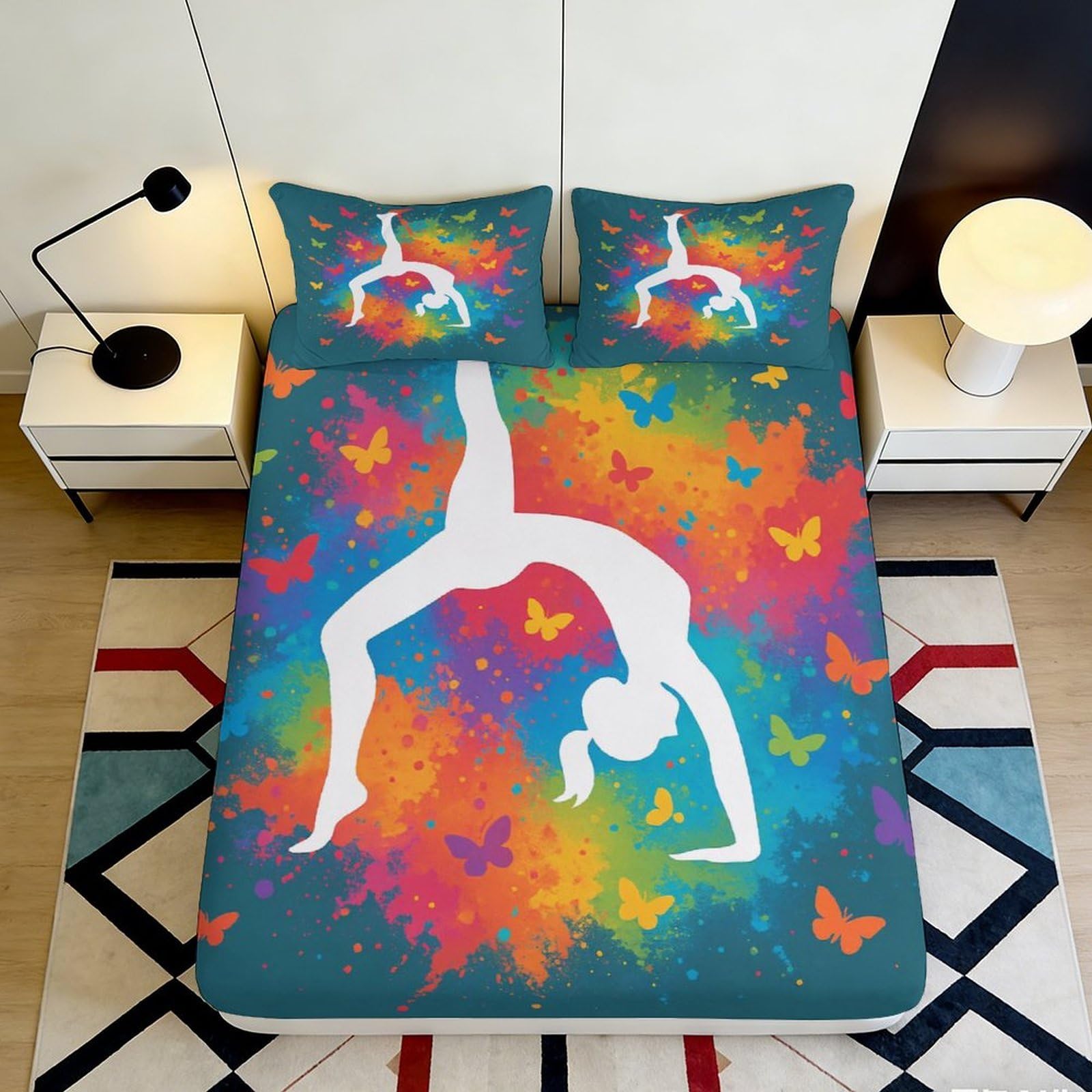 3D Printed Yoga Silhouette Fitted Sheet Microfiber Colorful Butterfly Bed Cover for Bedroom Dorm Mattress Protection Decor 90x200x25cm