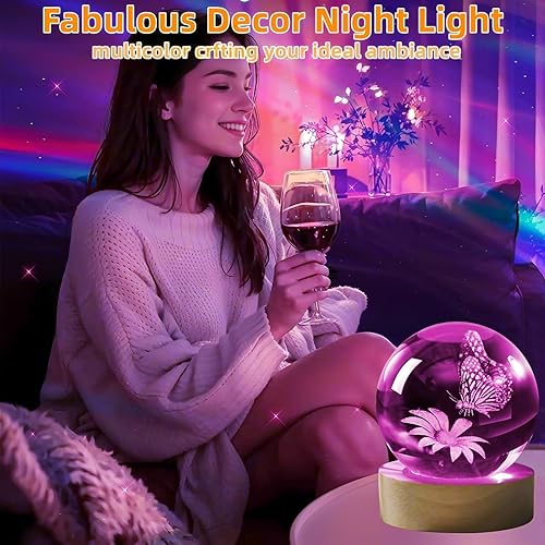 Miniatura 5 de Bola de cristal de mariposa 3D con girasol de 3.150 in, figuras de mariposas, bola de vidrio decorativa, luz nocturna, regalos para novia, esposa,