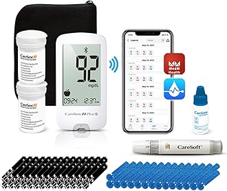 CareSens N Plus Bluetooth Blood Glucose Monitor Kit with 100 Blood Sugar Test Strips, 100 Lancets, 1 Blood Glucose Meter, 1 Lancing Device, Travel Case for Diabetes Testing Kit (Auto-Coding Glucometer kit with 1 Control Solution) for Personal Use