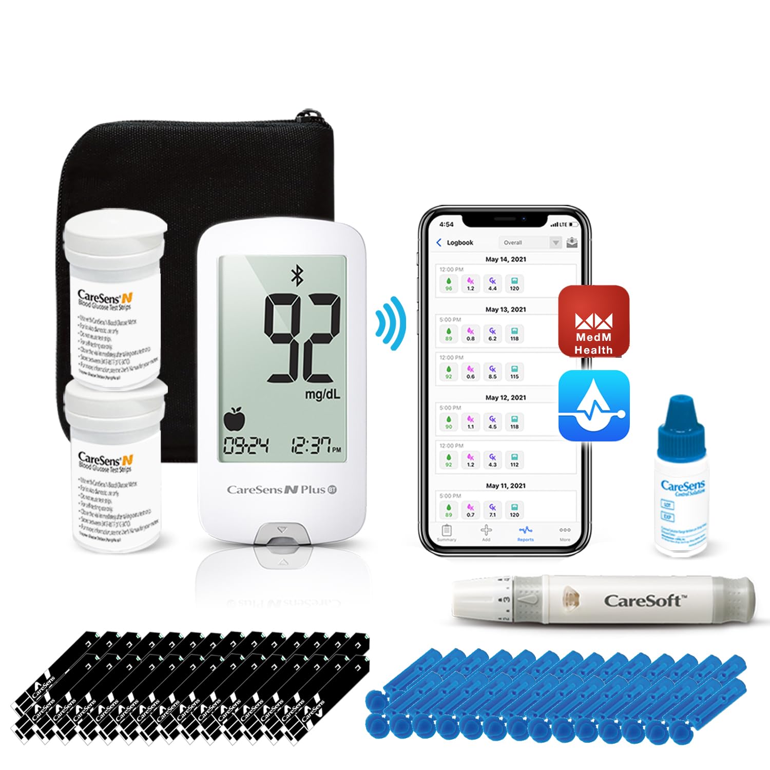 N Plus Bluetooth Blood Glucose Monitor Kit with 100 Blood Sugar Test Strips, 100 Lancets, 1 Blood Glucose Meter, 1 Lancing Device, Travel Case for Diabetes Testing Kit (Auto-Coding Glucometer kit with 1 Control Solution) for Personal Use