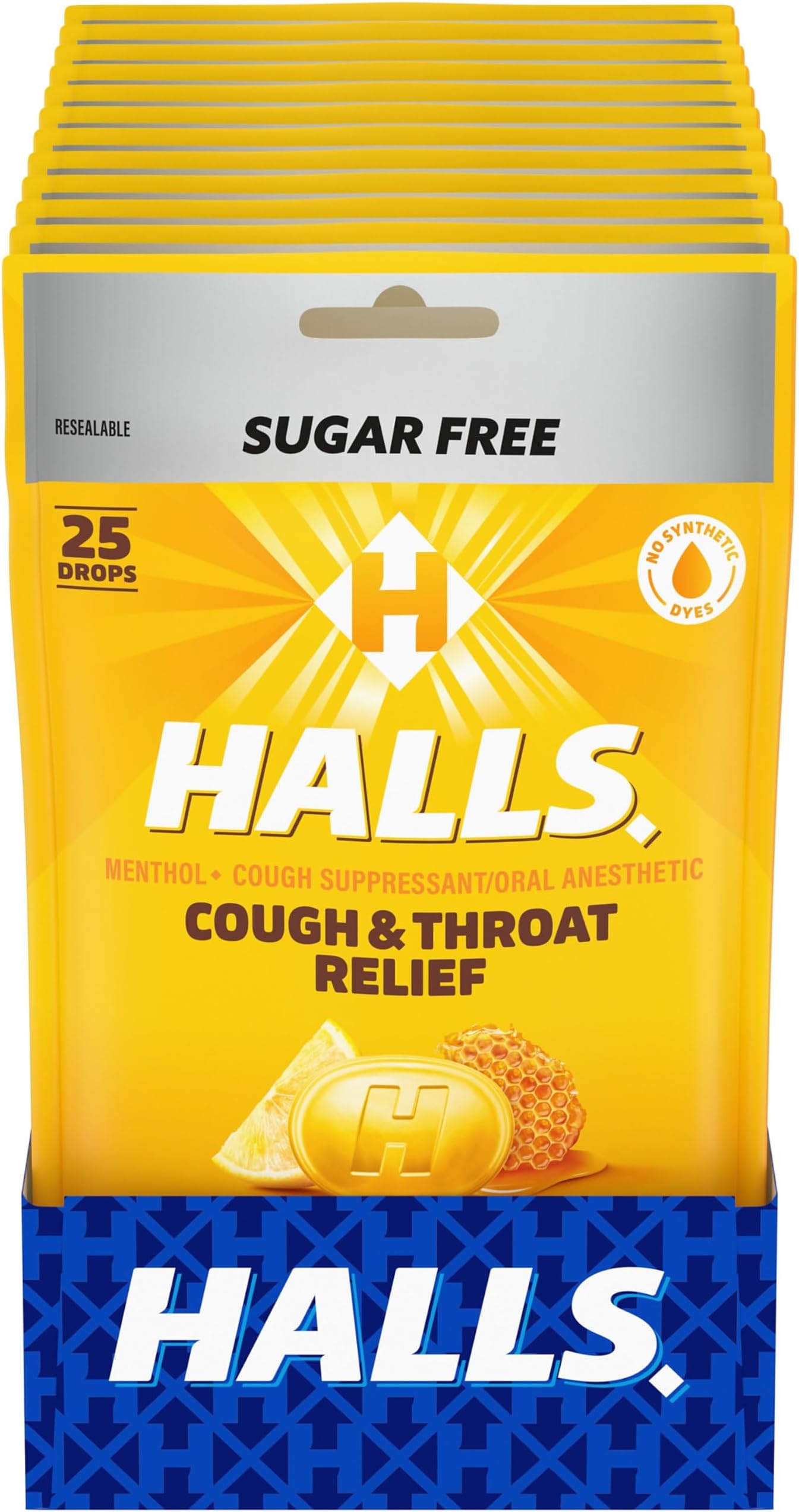 Cough & Throat Relief Honey Lemon Sugar Free Cough Drops, 300 ct | No Synthetic Dyes, 12 Bags of 25