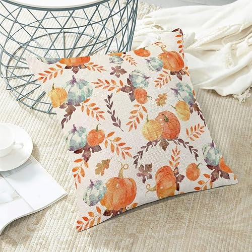Miniatura 4 de Juego de 2 fundas de almohada de otoño de 16 x 16 pulgadas, para exteriores, acuarela, calabaza, decorativas, de lino, cuadrada, granja, otoño,