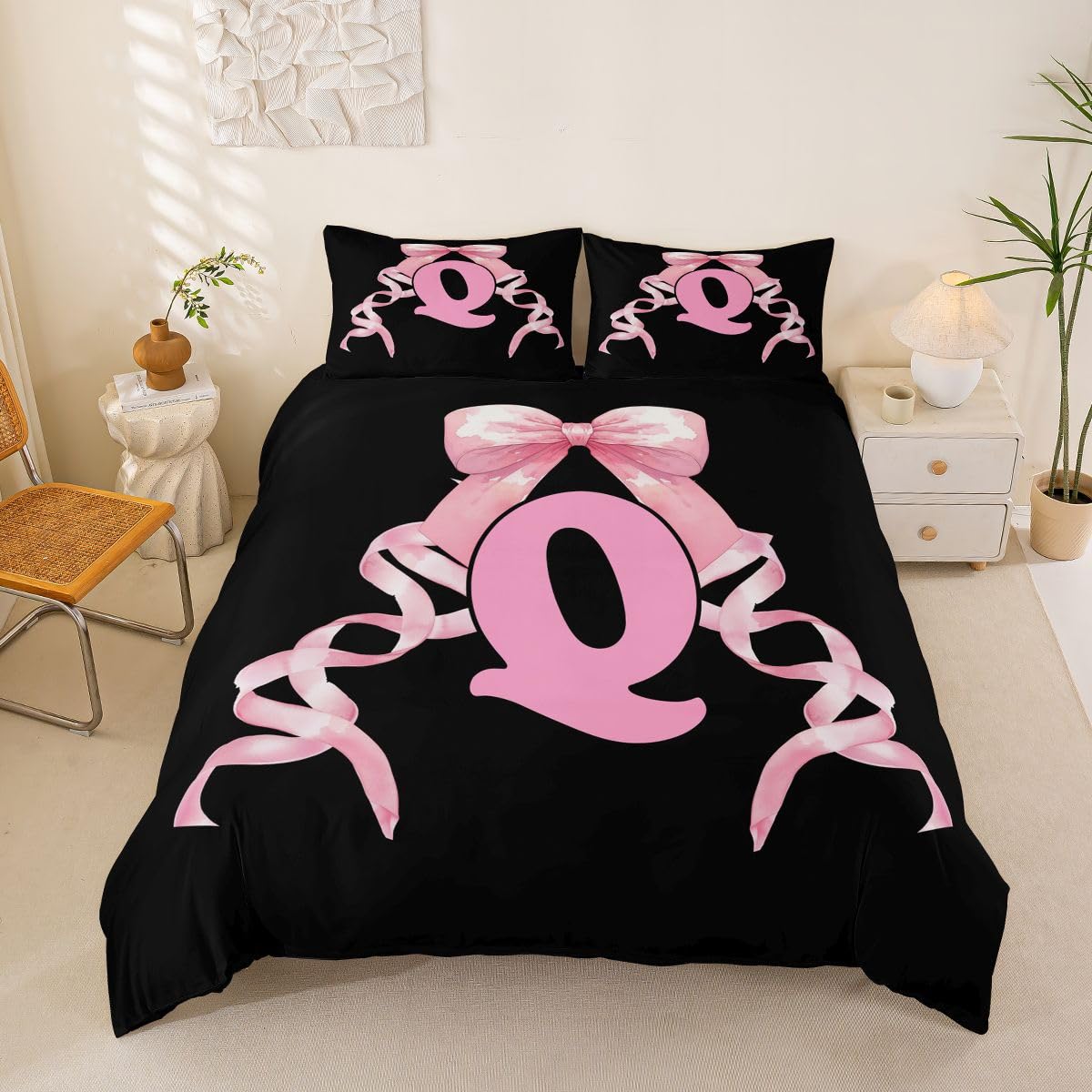 Housse de couette 200x200cm rose lettre Q parure de lit fille microfibre avec 2 taies d'oreiller