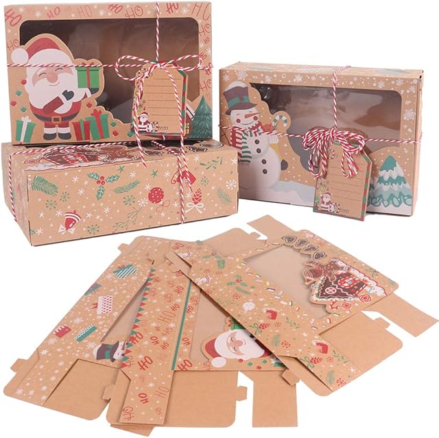 EUYuan 12 Pcs Kraft Paper Christmas Cookie Gift Boxes with Clear Window Xmas DIY Gift Cake Boxes Treats Boxes for Cookies Treats