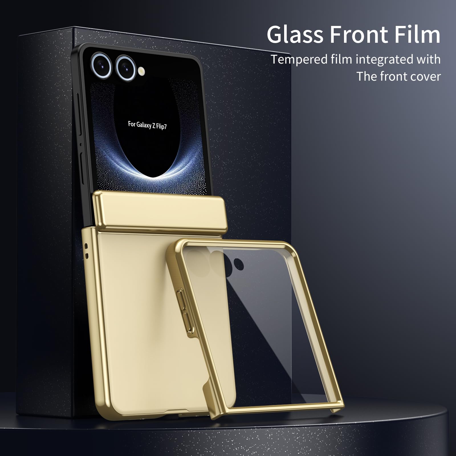 COQUE Funda para Samsung Flip 7,Carcasa con película Protectora integrada, bisagra Dorada galvanizada, Cubierta Completa,Funda Plegable para Samsung Galaxy Z Flip 7 5G-Dorado