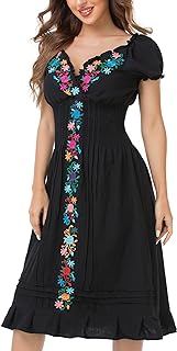 YZXDORWJ Women Mexican Embroidered Casual Dress Summer Ruffle V Neck Short Sleeves