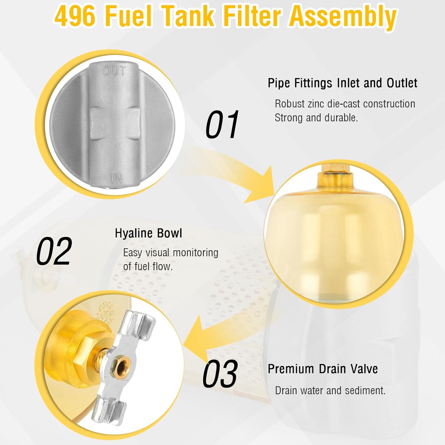 496 Fuel Tank Filter Assembly, Diesel Tank Water Separator with 1" Npt Top Cap, Wrench Replacement Transfer Tank Filter for Gasoline Diesel 30 Micron Max 25 Gpm 150 Psi - Replaces# B10-Al