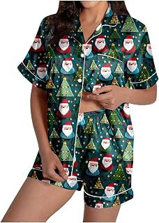 2025 - Conjunto de pijama casual con estampado navideño para mujer con parte superior de satén de seda y pantalones cortos de manga corta con botones y conjunto de pantalones cortos 2 batas