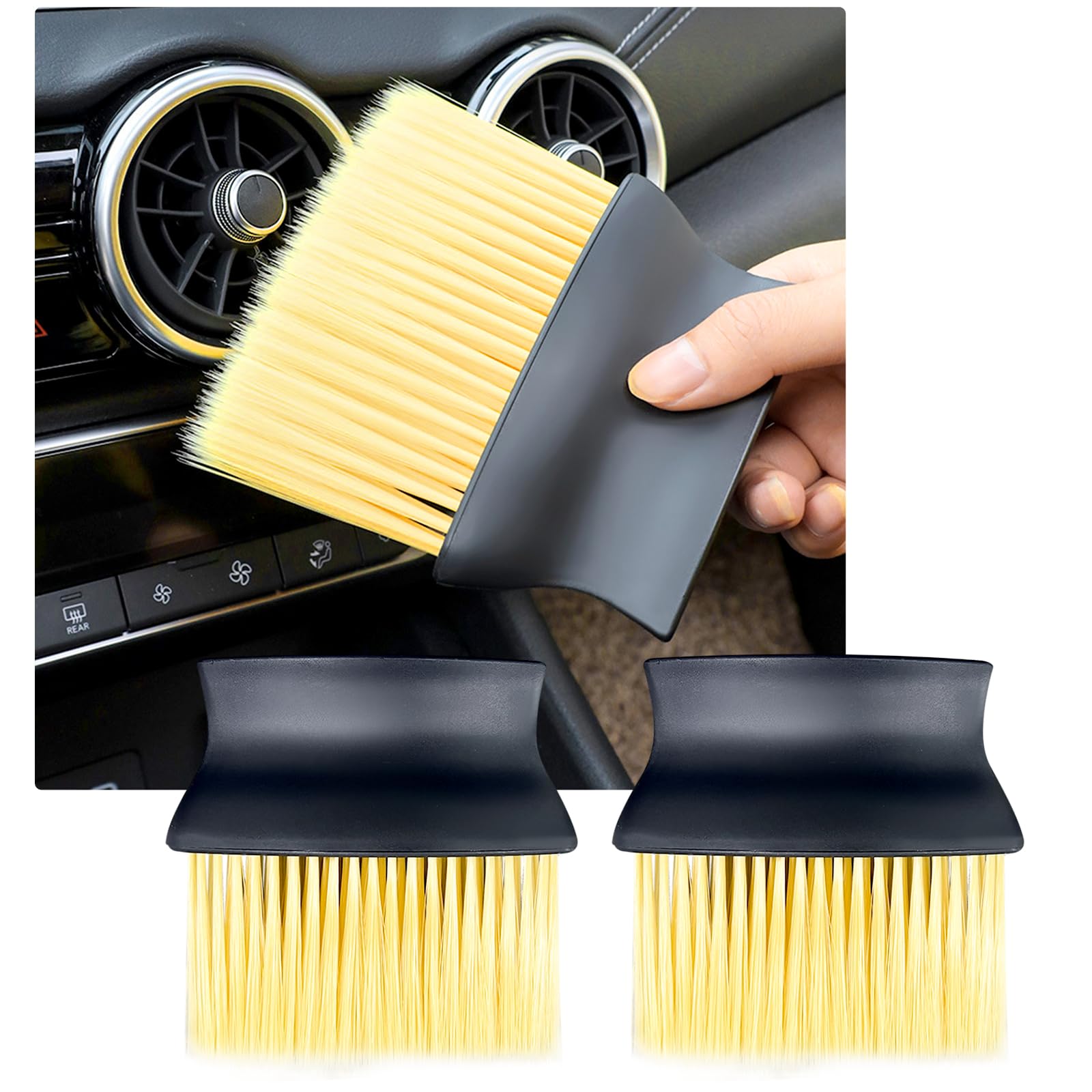 Kewucn 2PCS Car Interior Dust Brush, Ultra Soft Bristles Car Detail Brushes, Universal Auto Scratch-Free Cleaner Kit for Car Interior & Exterior, Wheels, Dashboard, Engine Bay, Leather Seats (Yellow)