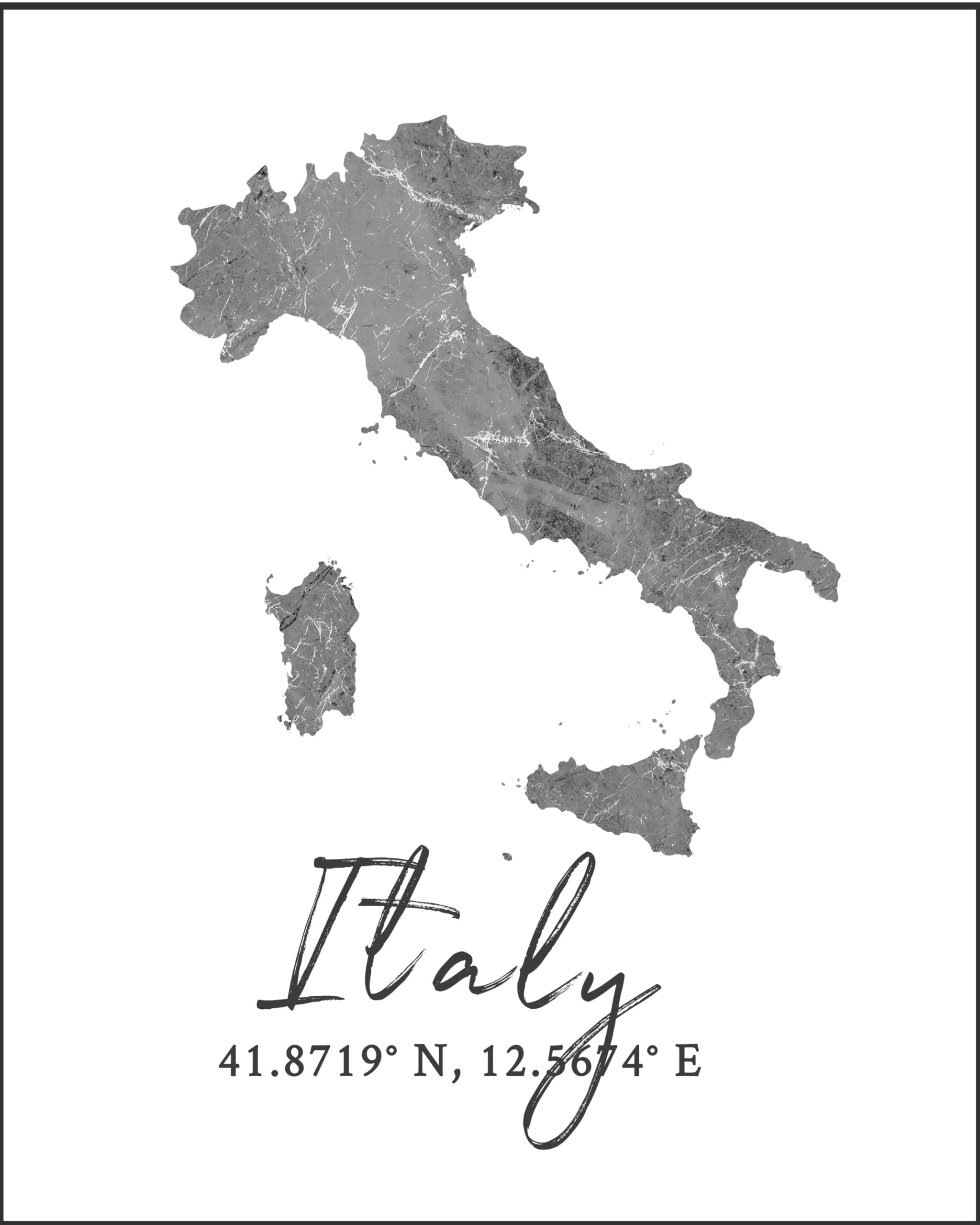 WESTBROOK DESIGN STUDIO Italy Map Wall Art Print - 8x10 Silhouette Decor Print with Coordinates. Makes a Great Italian-Themed Gift. Shades of Grey, Black & White.