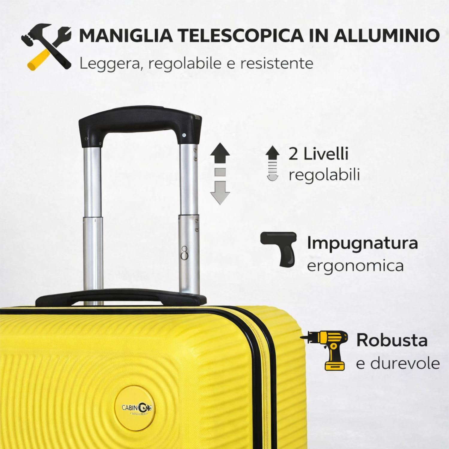 CABIN GO 5513 - Set di 3 valigie - bagaglio a mano da 55 cm, valigia media da 65 cm, valigia grande da 76 cm, in ABS rigido.
