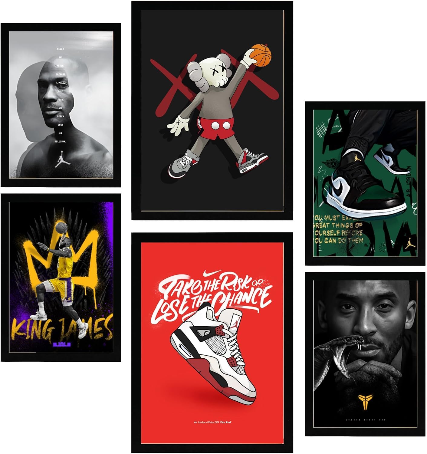 Nacnic Black Set Of 6 Iconic Basketball King James Jordan Nike Posters With Design Illustration To Decorate The Walls Of Home. Rooms, Office, Shop, Business. A3 And A4 Size. Frameless.