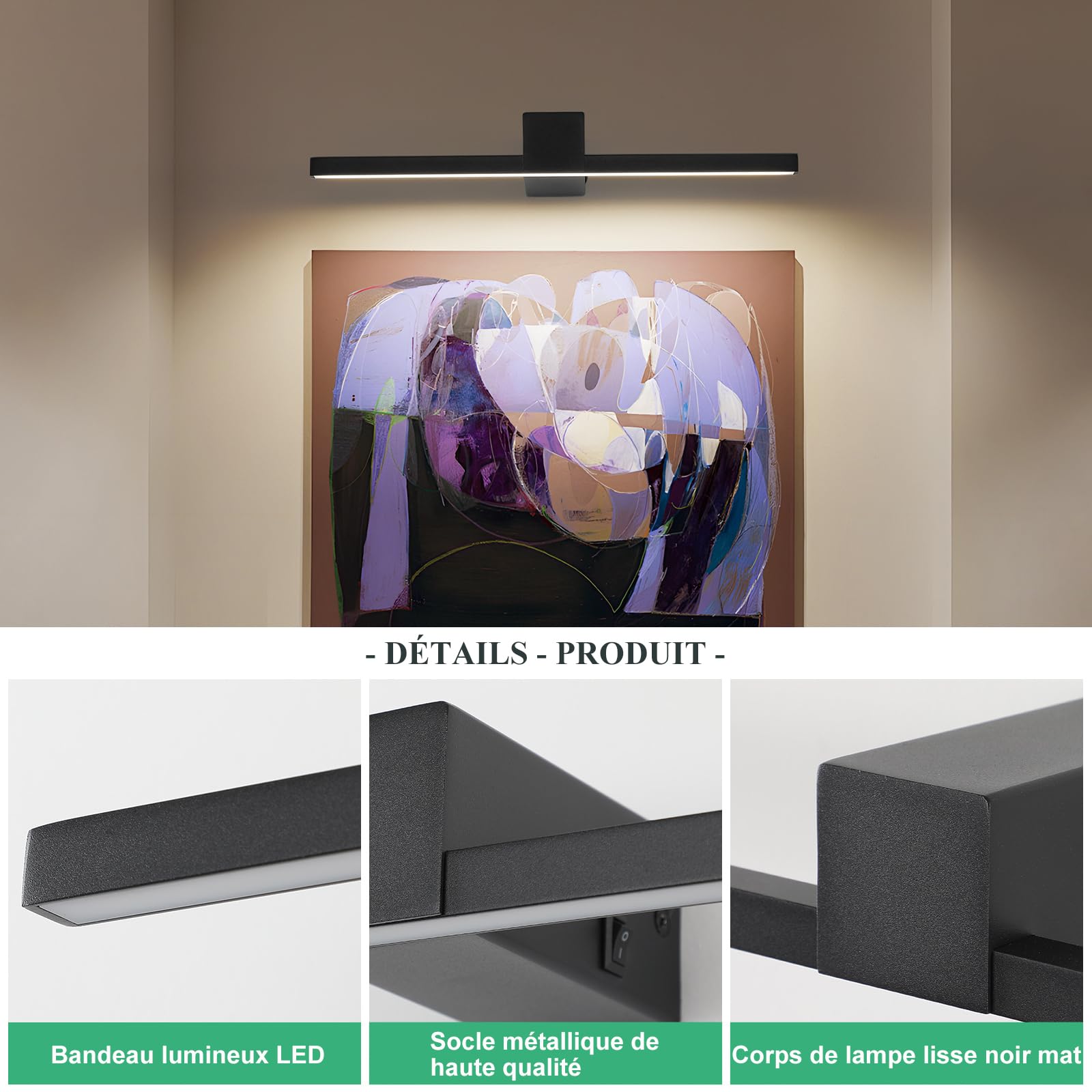 LED Lampes Miroir Salle de Bain 40CM 960LM 12W, Neutre 4000K Applique Murale, Lumière Miroir Moderne IP20 Étanche (Noir)