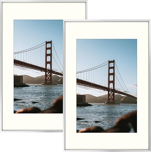 Frametory, Marco de fotos de aluminio de 16 x 24 pulgadas con paspartú de color marfil para fotos de 12 x 18 pulgadas y vidrio real, colección de