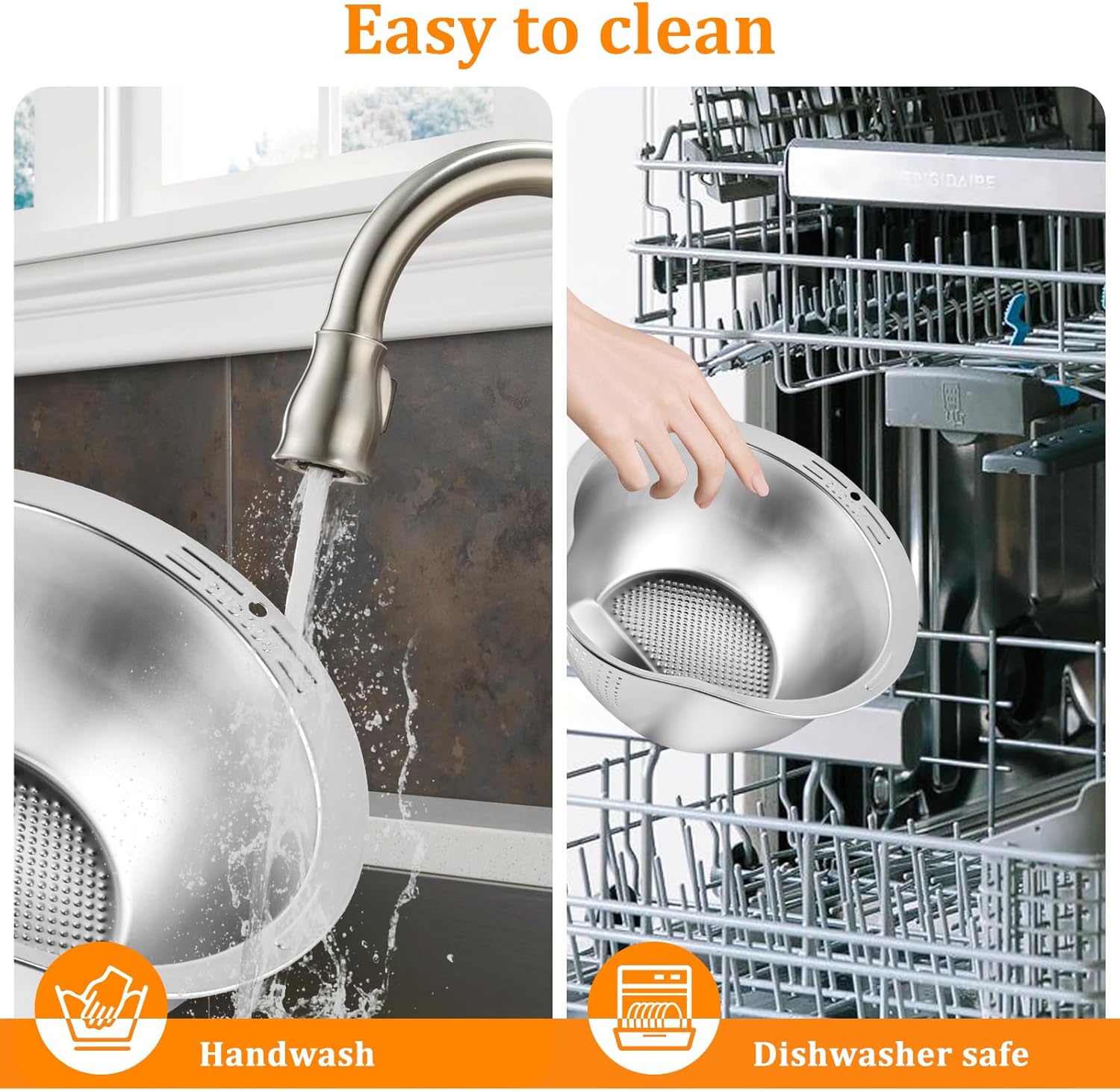 2 Pack Rice Washing Bowl,Stainless Steel Microporous Colander, 9.45in/24cm Strainer Set with Side Drainer, Salad Mixing Bowl Strainers for Washing Fruit,Vegetables,Noodle, Bean, Pasta