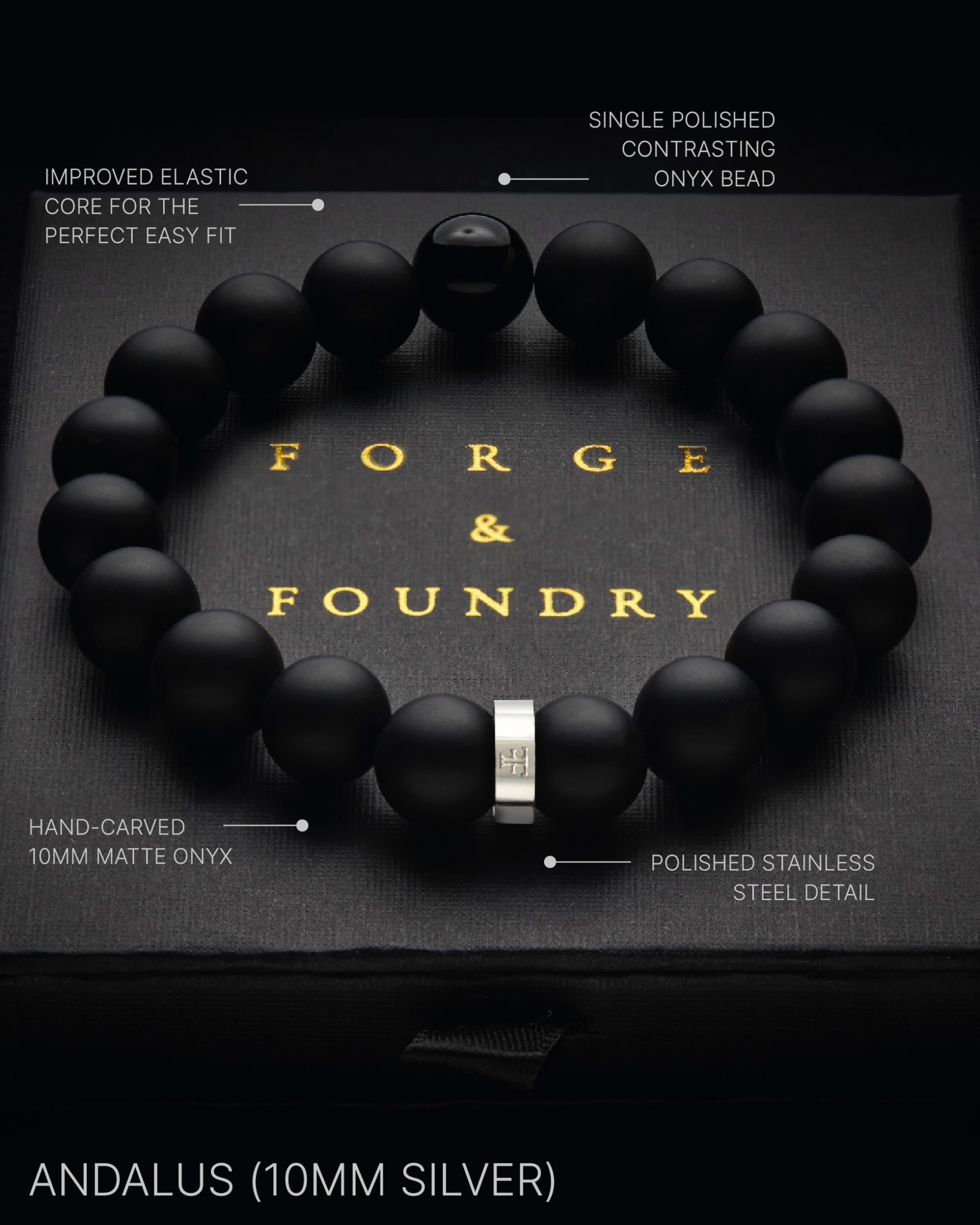 Forge & Foundry Andalus Bracelet en perles d'onyx massif noir mat 10 mm,Plaqué or 18 carats ou poli en acier inoxydable poli avec perle unique brillante, Acier inoxydable, Onyx