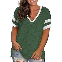 ROSRISS Plus-Size Womens Tops V Neck Color Block Tee Side Split Striped Tunics