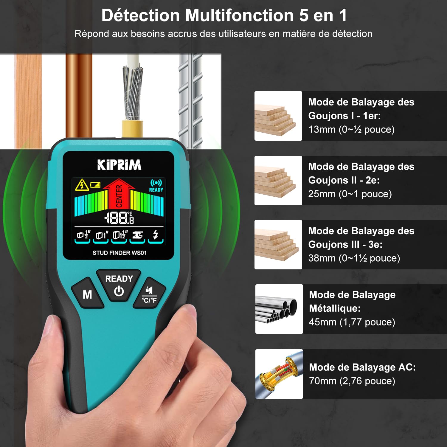 Détecteur de Montants Kiprim avec Écran LCD, Détecteur Électronique 5 en 1 pour Bois, Métal, Détection de Fils sous Tension, 3 Modes de Profondeur, Alerte Sonore, Scanneur Mural WS01
