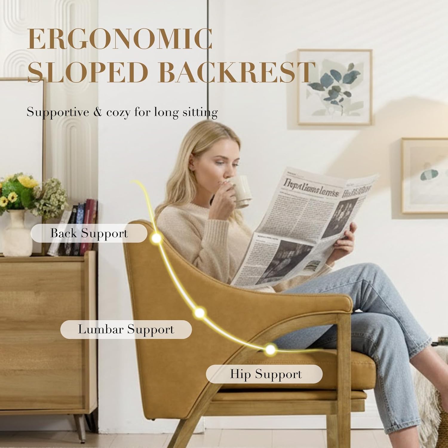 Mid Century Modern Accent Chairs Set of 2 with Barrel Back, Upholstered Armchair Comfy Reading Chairs with 4" Thick Cushion, Solid Wood Legs for Living Room/Bedroom/Reading Corner, PU Fabric, Brown