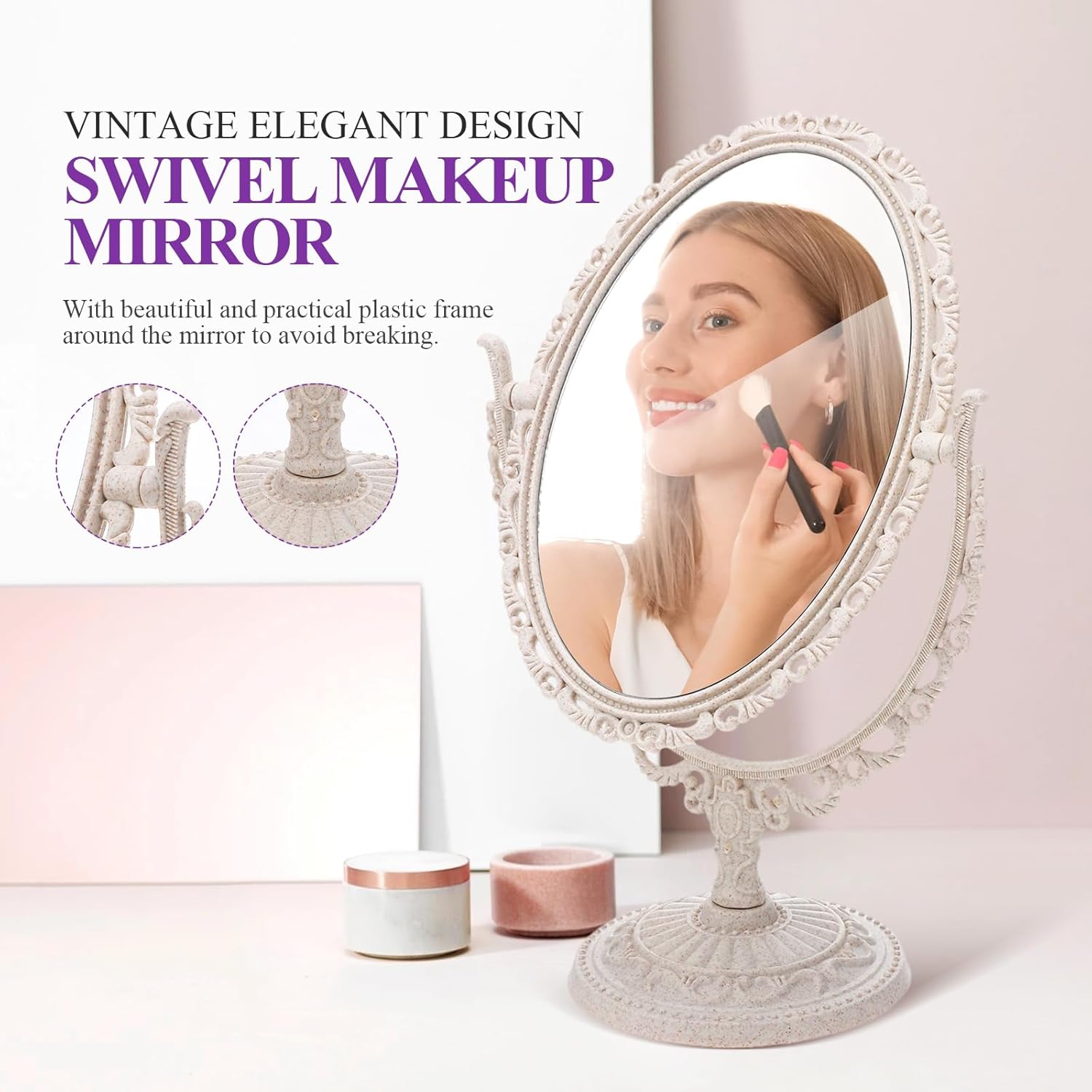 Uonlytech Oval Dressing Mirror Tabletop Makeup Mirror, Vintage Oval Shaped Makeup Mirror Swivel Cosmetic Mirror with 360 Degree Rotation for Women Travel Bedroom, Beige