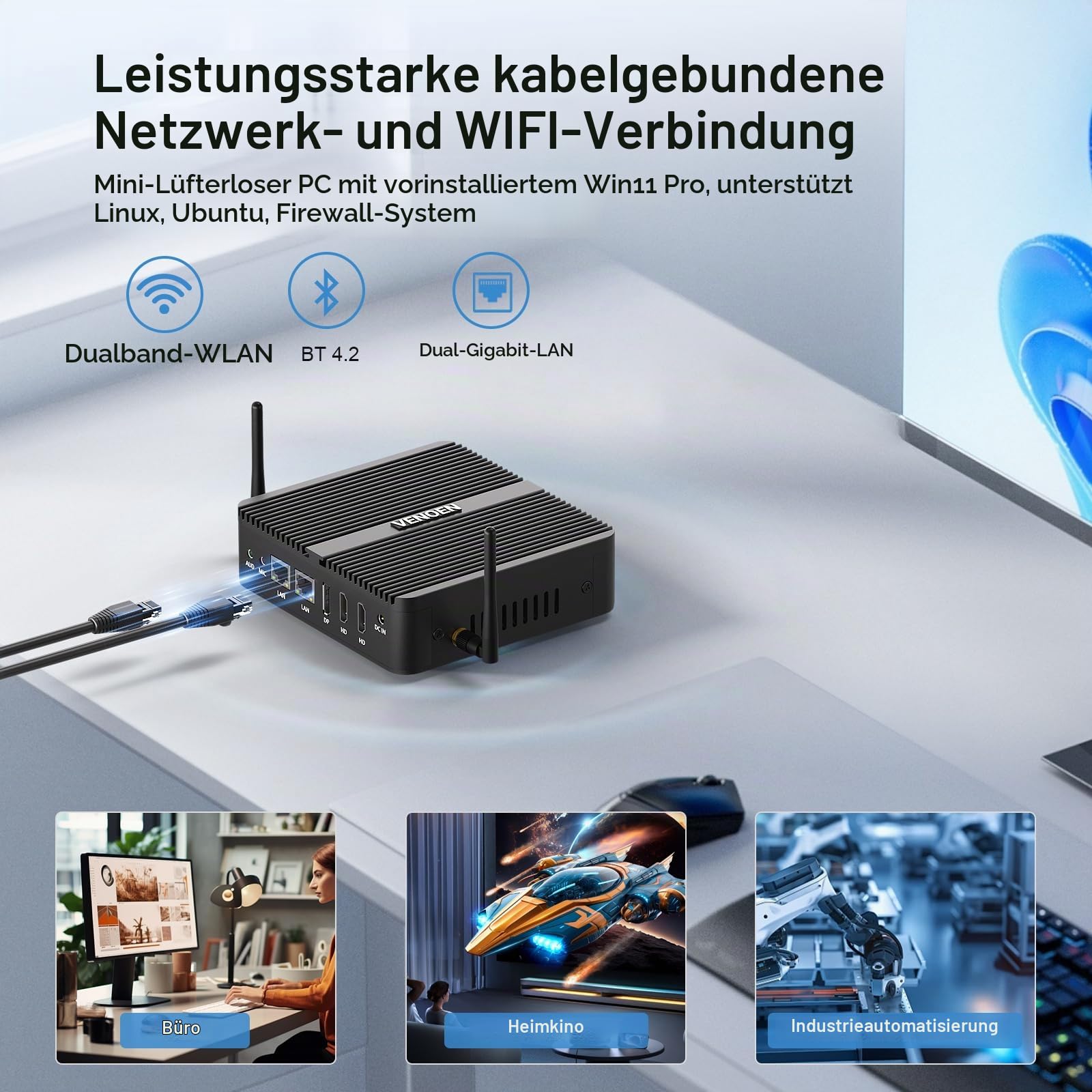 VENOEN Mini PC Industrie N95 lüfterloser PC Dual LAN Industrial Desktop PC | 8GB RAM 128GB SSD, Dual HD, DP, 4K Mini Computer Dual RS232 COM, WIFI, BT4.2, Auto Power On, Linux/Win11 Pro