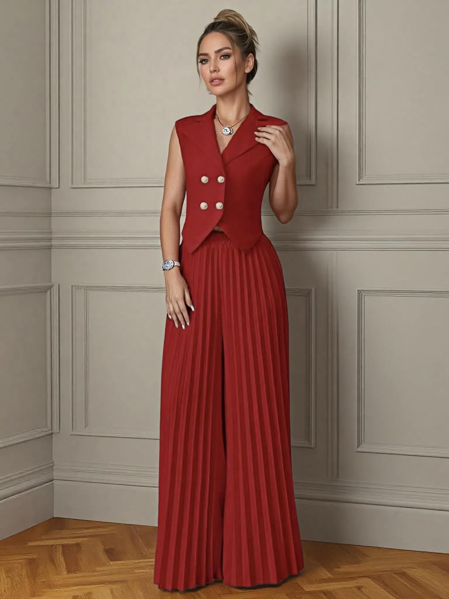 Ensemble Femme Ensemble Deux Pièces Pour Femme Blazer Court Sans Manches Et Jupe-Pantalon Plissée Élégant Tailleur Croisé Assorti Idéal Pour Le Bureau Un Mariage Ou Une Soirée