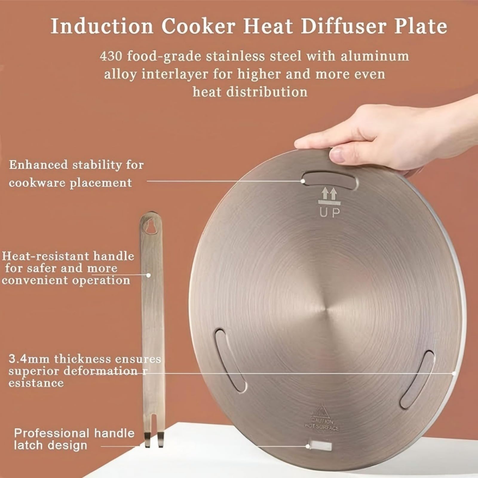 Piastra Adattatore e Diffusore di Calore per Piano Cottura a Induzione, in Acciaio Inossidabile con Manico Rimovibile e Compatibile con Fornelli a Gas e Elettrici (Argento, 20cm)
