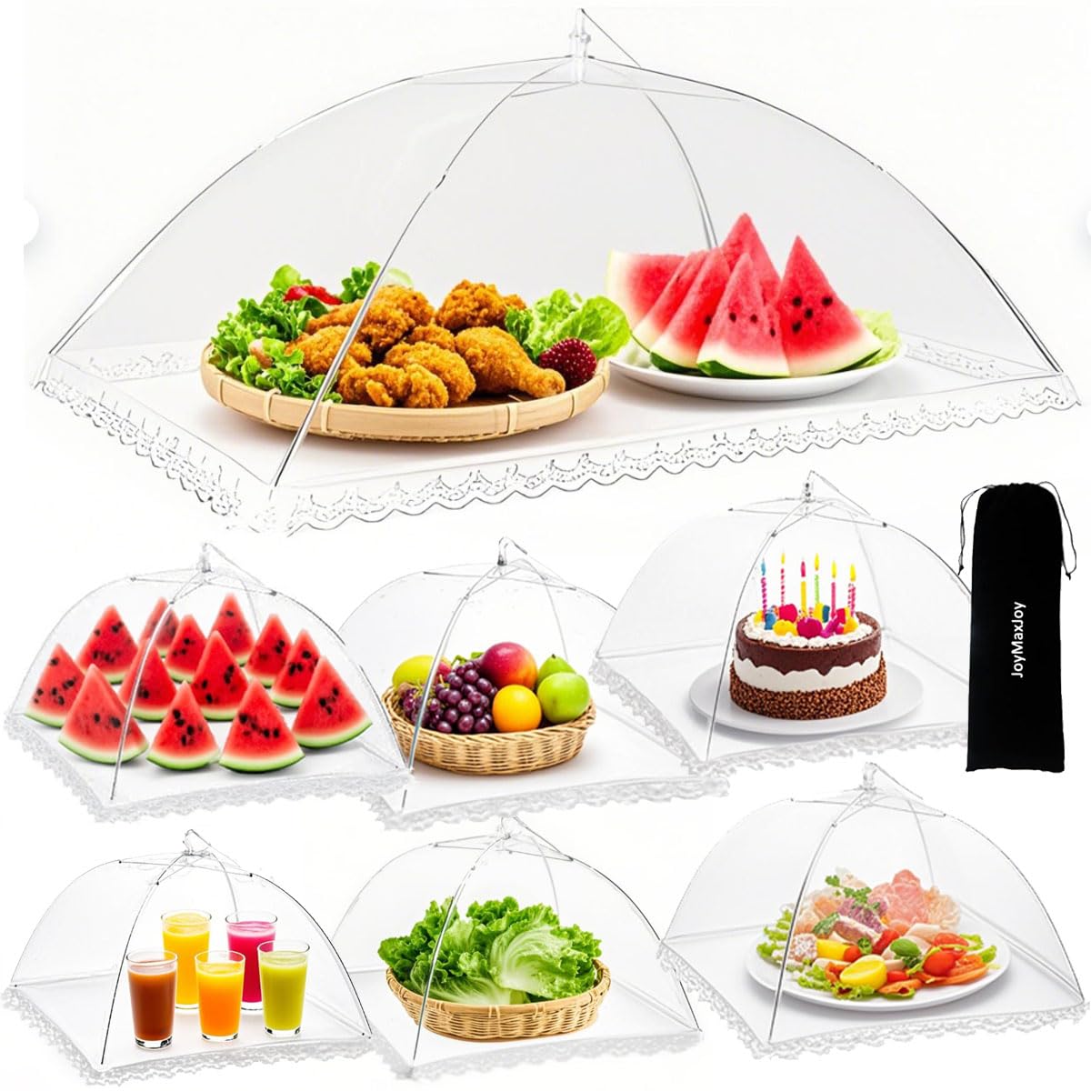 7PCS Mesh Food Covers, Pop Up Food Umbrella Tent Covers, Fruit Cake Net Domes 100×60cm & 43×43cm for Outdoors, Screen Tents, Parties Picnics, BBQs, Dishes Reusable and Collapsible (White (1+6))