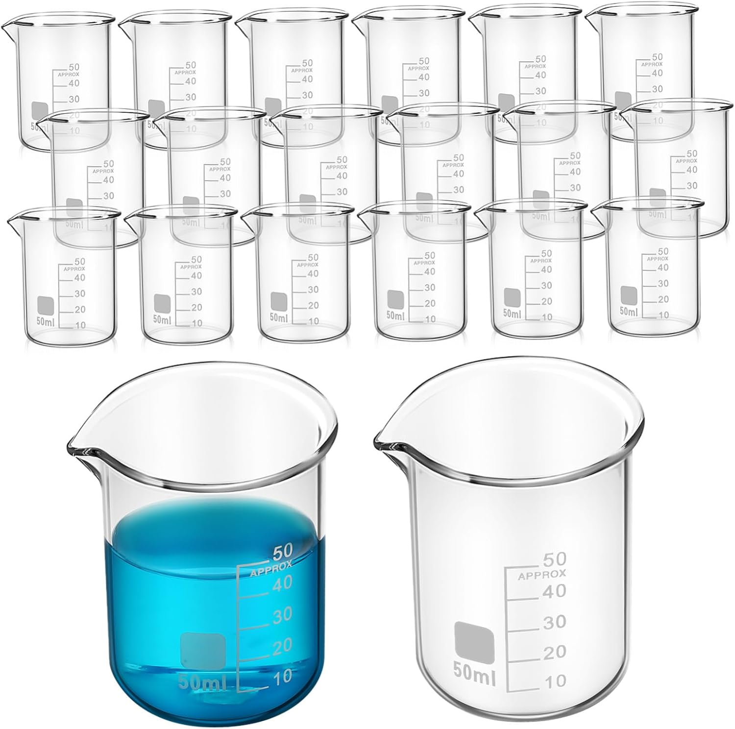 Amosfun 20Pcs Transparent Measuring Cups Graduated Glass Beakers for Accurate Liquid Measurements Easy to Supplies Sturdy Low Form Design for Experiments