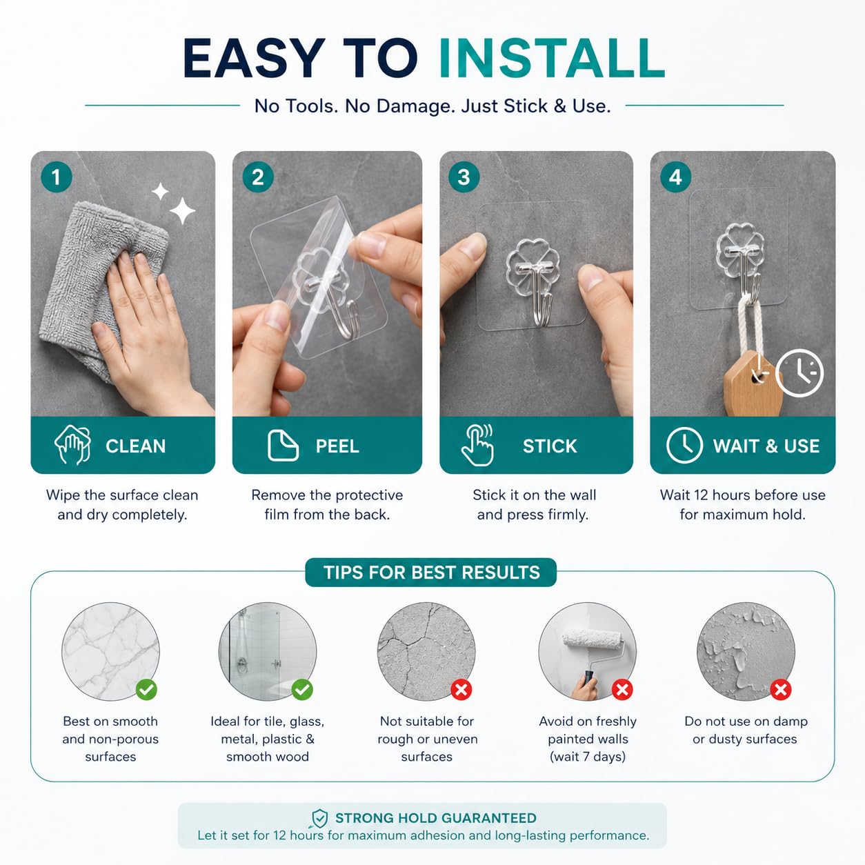 Self Adhesive Wall Hooks - No Drill, Heavy Duty -6 Self Adhesive Wall Hooks - No Drill, Heavy Duty -6