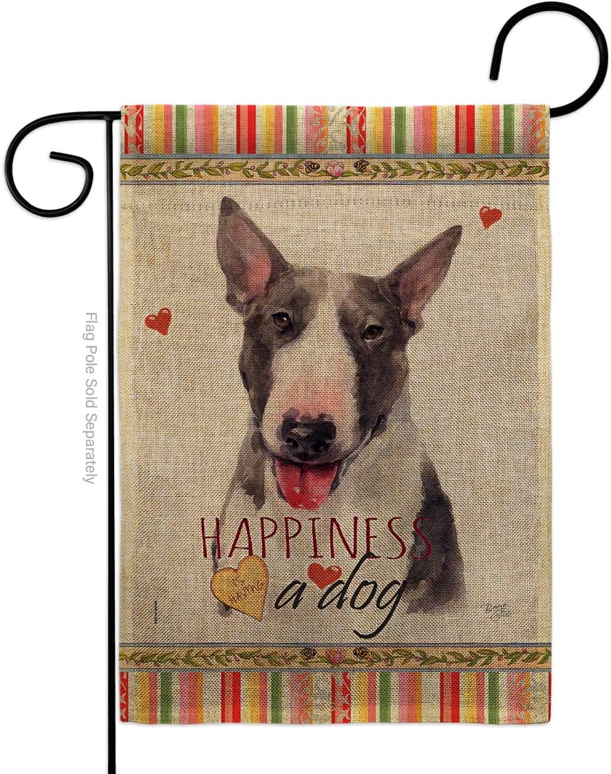 Bull Terrier Happiness Garden Flag Set Wall Holder Animals Dog Puppy Spoiled Paw Canine Fur Pet Nature Farm Animal Creature Small Decorative Gift Yard House Banner Double-Sided Made In USA 13 X 18.5