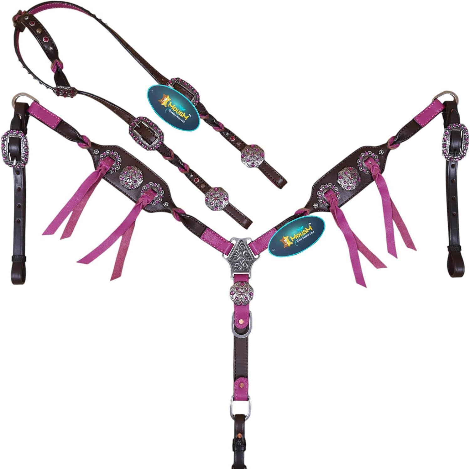 Western Leather Headstall and Breast Collar Tack Set – Neon Pink Leopard with Twisted Knot Work & Pink Bling Slot Conchos – One Ear Headstall – Antique Nickel Hardware Handmade