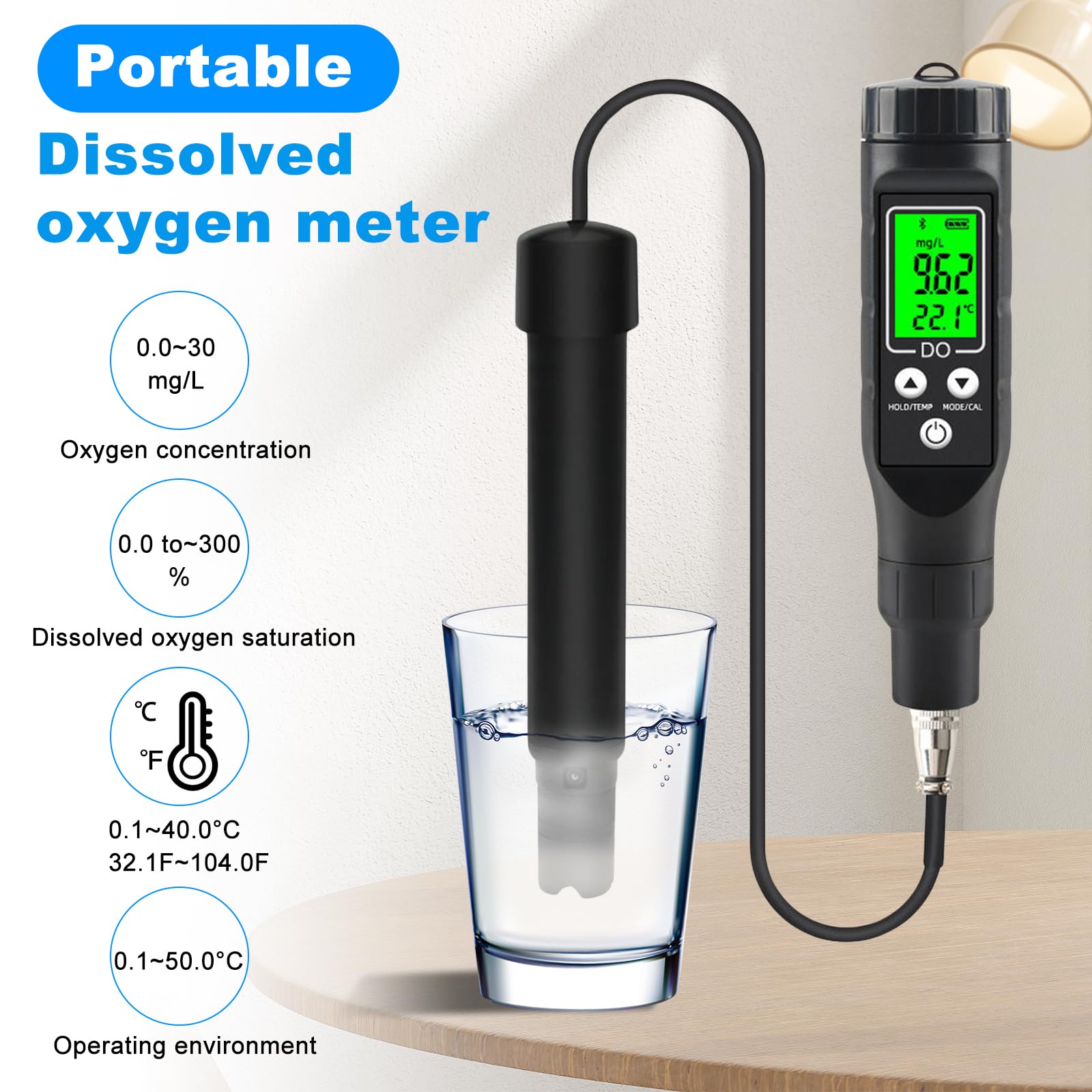 BuyWeek Misuratore di Ossigeno Disciolto, 0,0 – 30,0 MG/L Analizzatore di Ossigeno Disciolto Digitale Smart Bluetooth Rilevatore di Ossigeno Disciolto per Acquacoltura