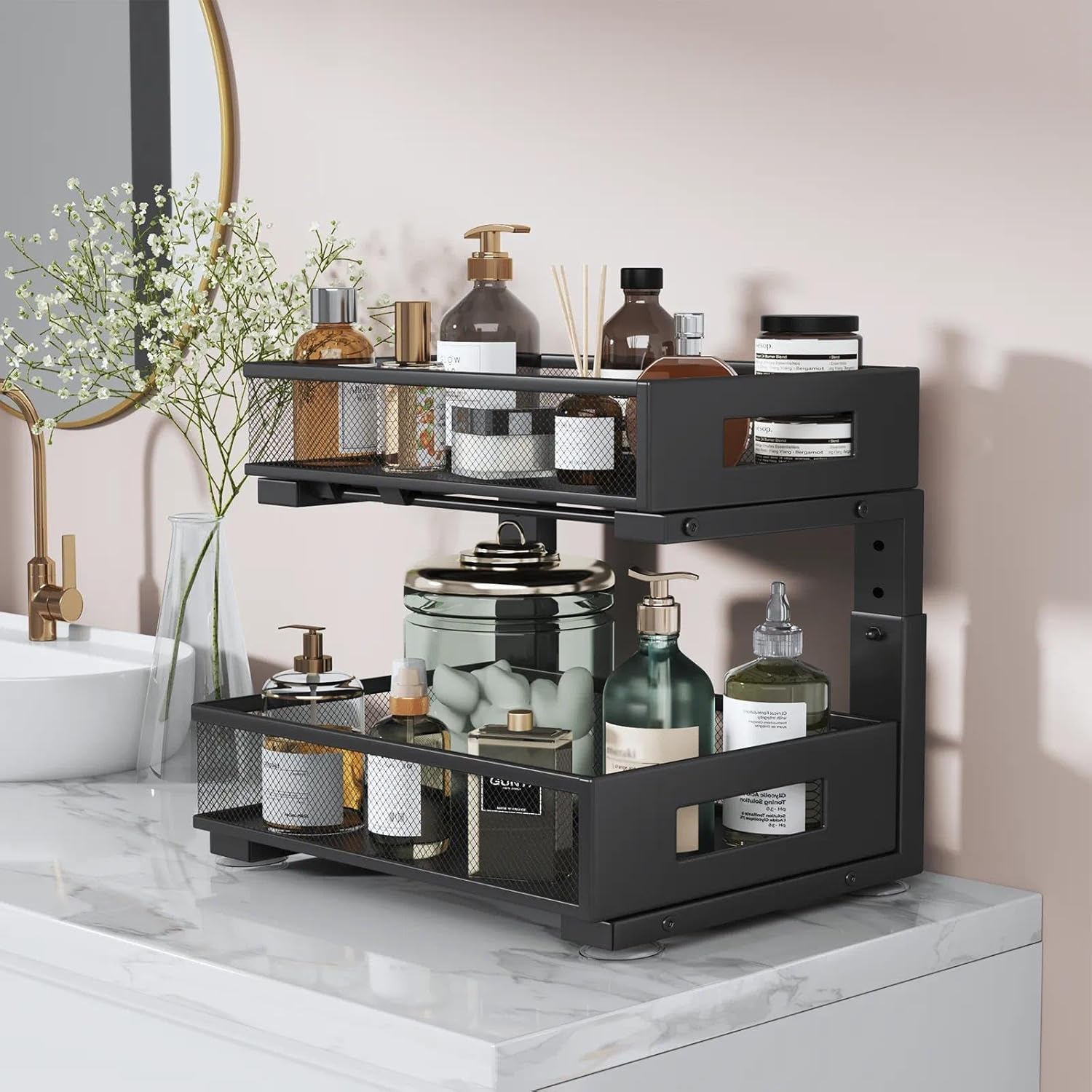 2-Tier Under Sink Organizer With Sliding Drawers, Pull-Out Cabinet Organizer With Adjustable Height, Kitchen & Bathroom Storage Shelf, Black, 1 Pack