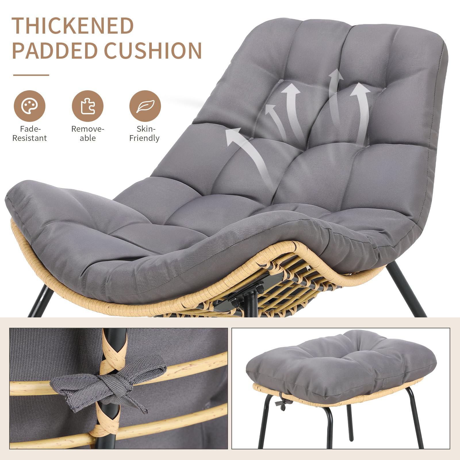 LIFERUN Gartenstuhl mit Hocker, Loungesessel Rattan, Gartensessel Wetterfest, bis 120 kg, Balkonsessel mit Abnehmbarem Kissen, Waterproof, für Garten Balkon Wohnzimmer Hof Schlafzimmer Terrasse, Grau