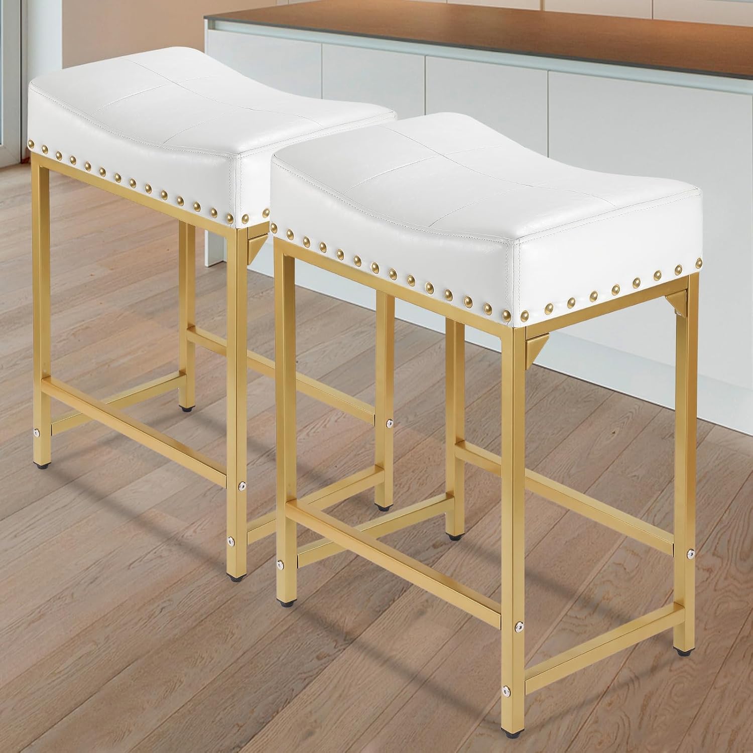Bar Stools Set of 4 Counter Height, 24 Modern Off White & Gold Counter Stools Set of 4, Stools for Kitchen Counter, Modern Barstools Saddle Stool Backless Island(Off White Gold)
