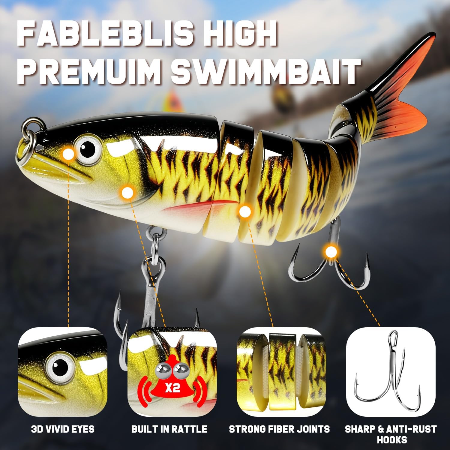 Swim baits Fishing Lures for Freshwater, Fableblis Mixed Top Water Bass Lures, Multi Jointed Swimbaits & Artificial Whopping Plopping Baits for Trout Catfish Crappie Muskie