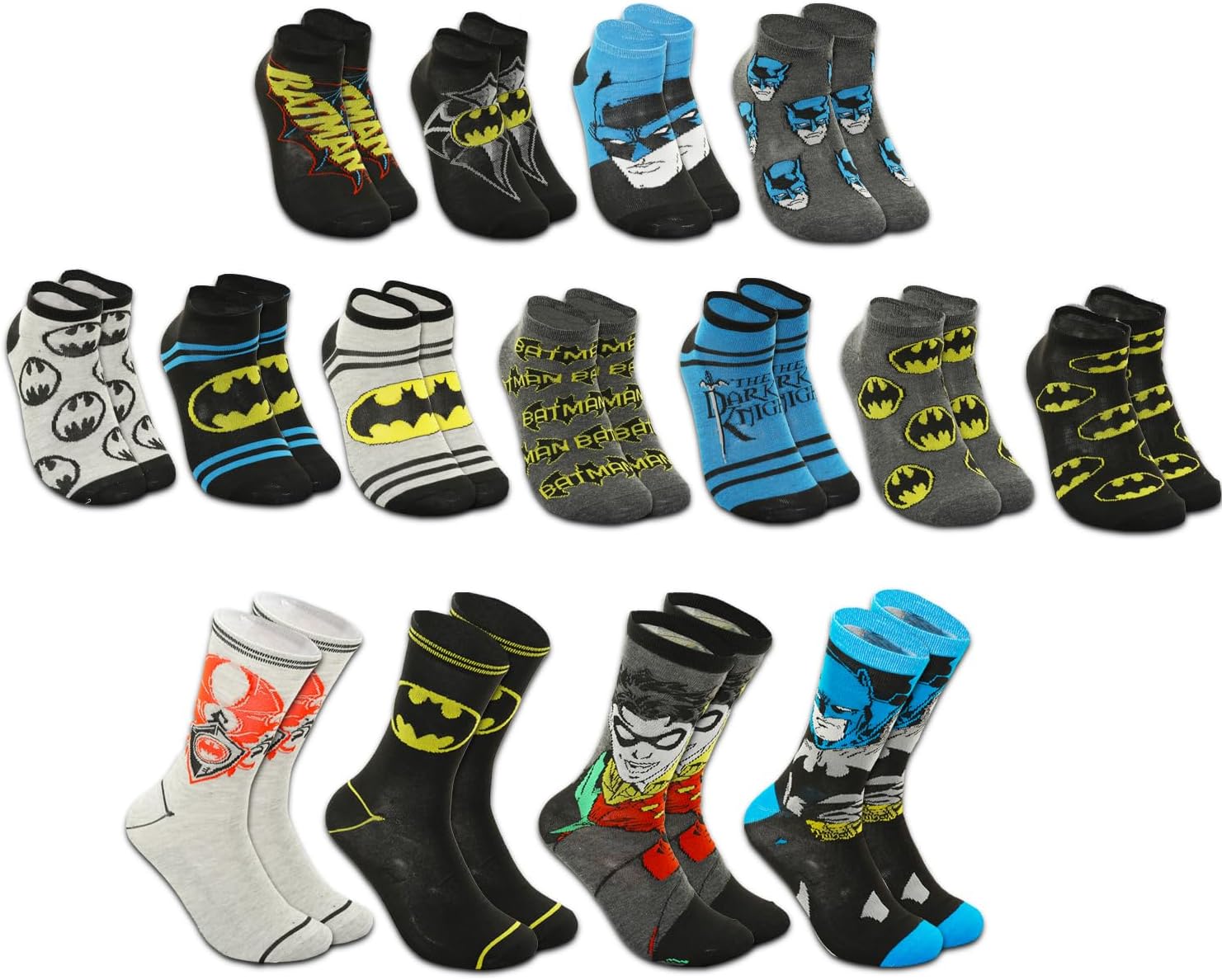Batman 15 Days of Socks - Bundle of One Size 15 Pack of Crew and Low Cut Superhero Socks, Stickers and Door Hanger | DC Comics Merchandise for Men