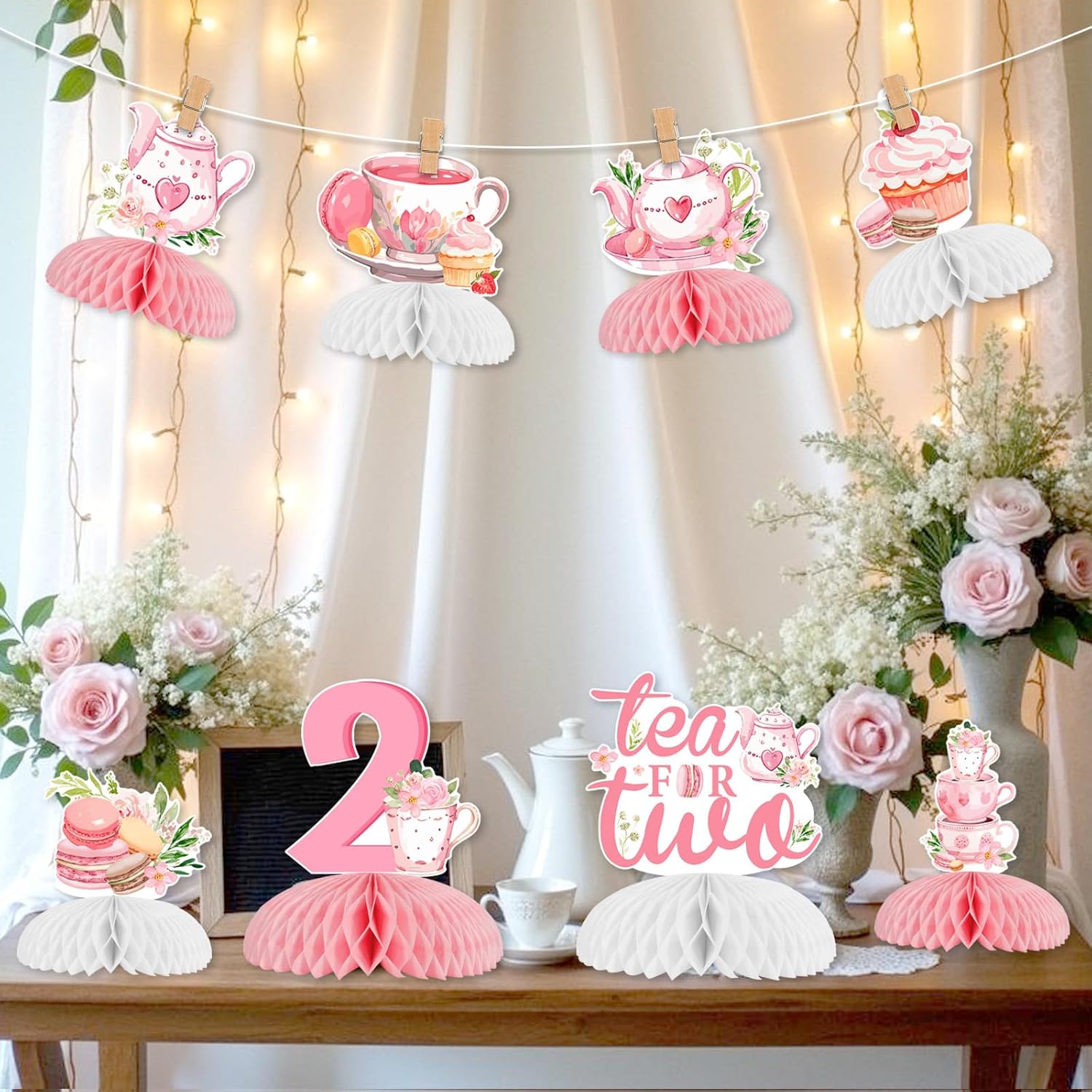 8pcs Tea for Two Birthday Honeycomb Centerpieces Pink Floral Teapot Theme Birthday Party Decorations Tea for Two Bday Table Decoration for Teapot Second Bday Supplies