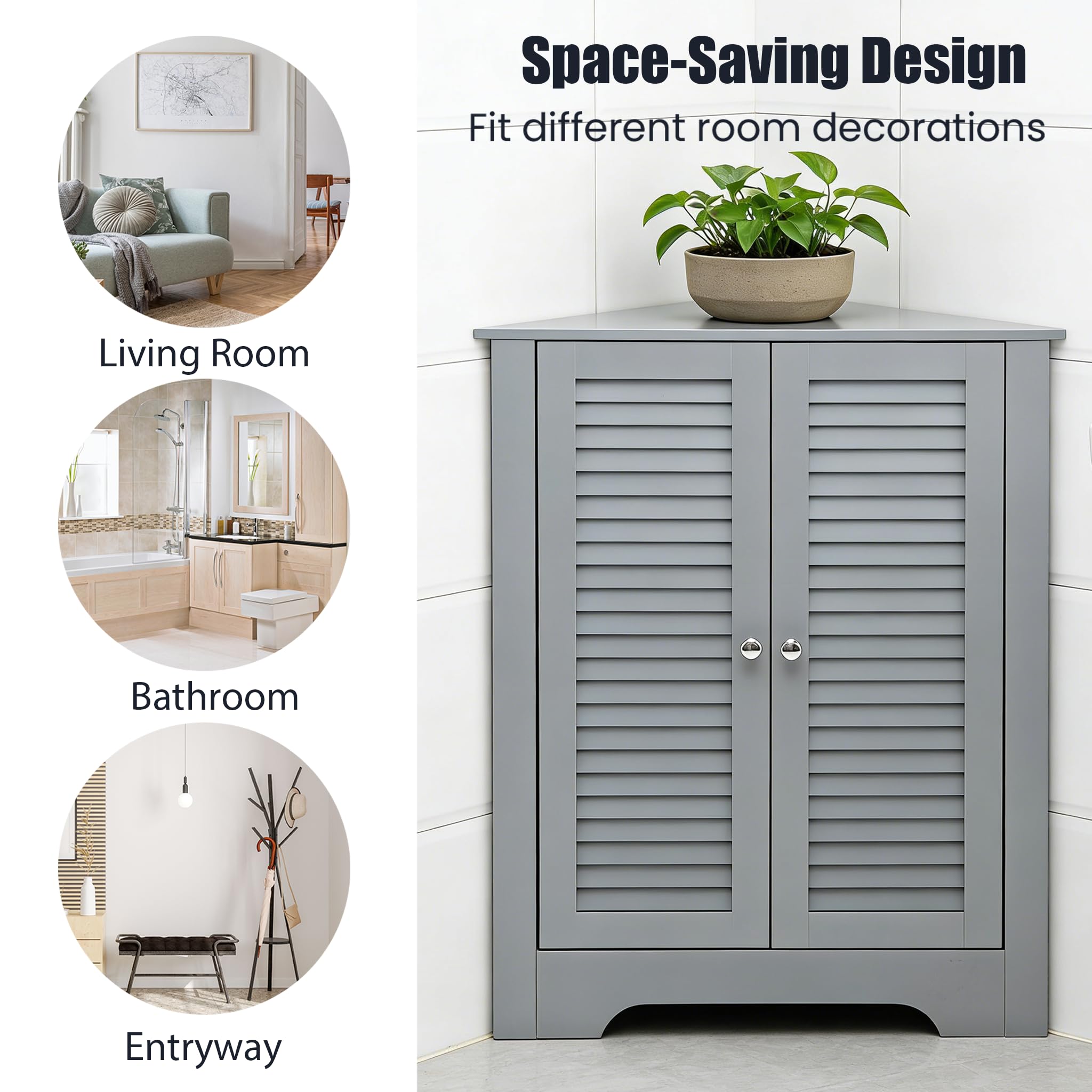 LIFEZEAL Eckschrank Bad, Badezimmerschrank mit Türen, Badschrank mit Verstellbarer Ablage, Unterschrank Beistellschrank für Badezimmer, Küche, Wohnzimmer (Grau)