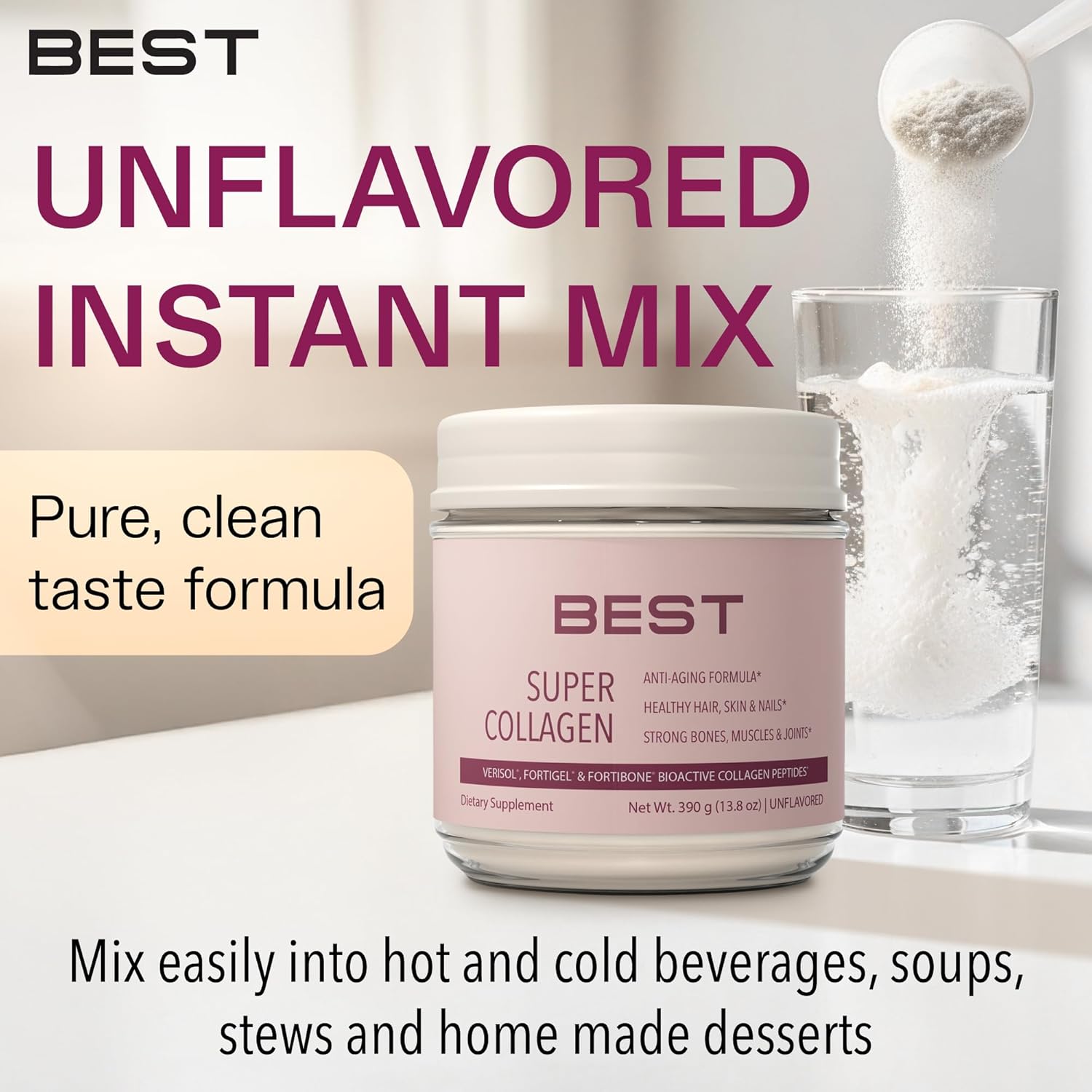 FORTIBONE® Collagen - 3 Clinically-Supported Bioactive Collagen Peptides with FORTIBONE®, FORTIGEL®, VERISOL® Unflavored Collagen for Women - Reduce Wrinkles, Improve Bone Density - 30 Servings - Image 2